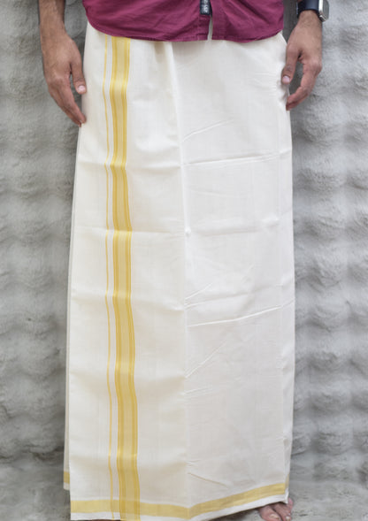 Traditional White Cotton Dhoti with Golden Border. Bouble.
