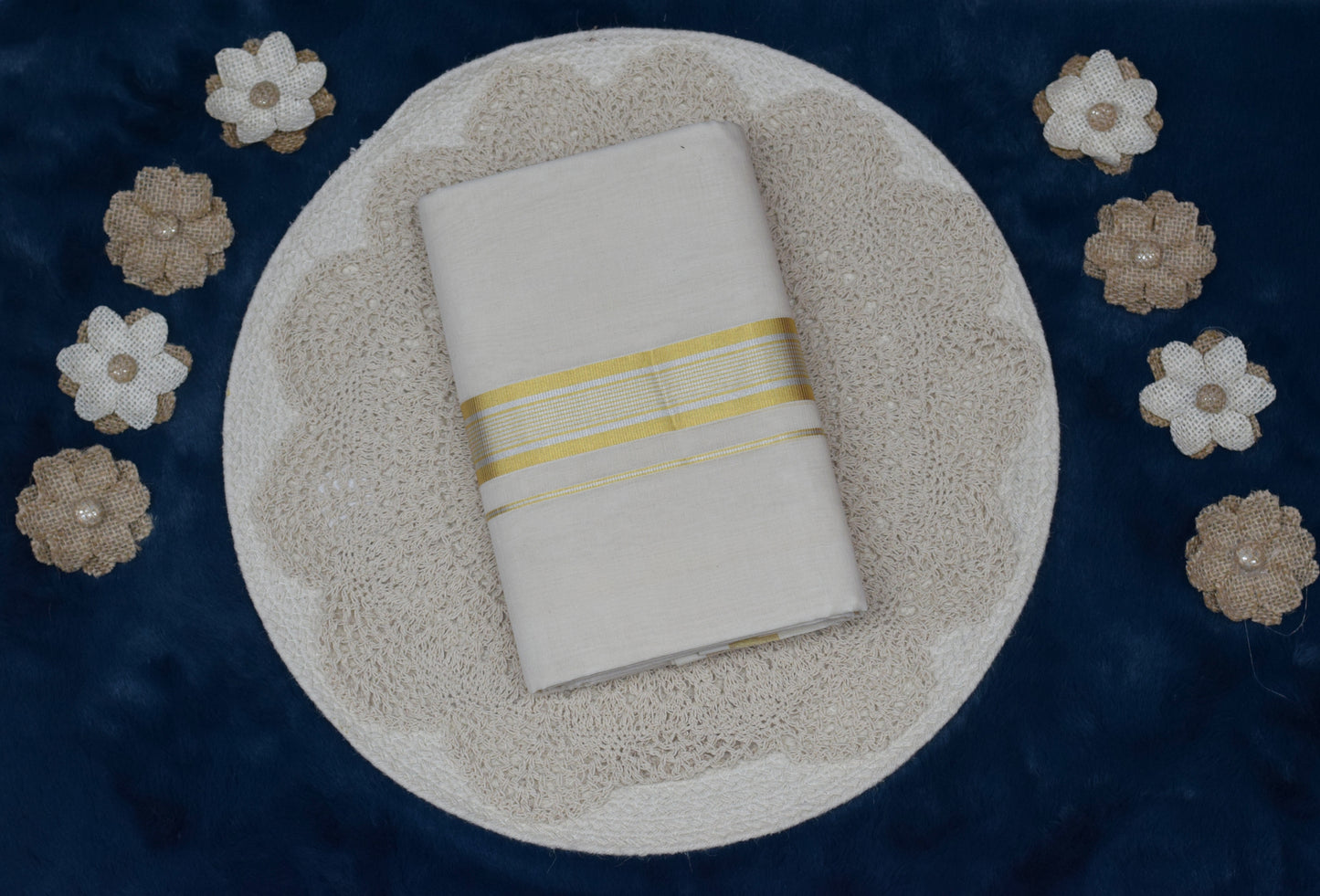 Traditional White Cotton Dhoti with Golden Border – Men's Ethnic Wear