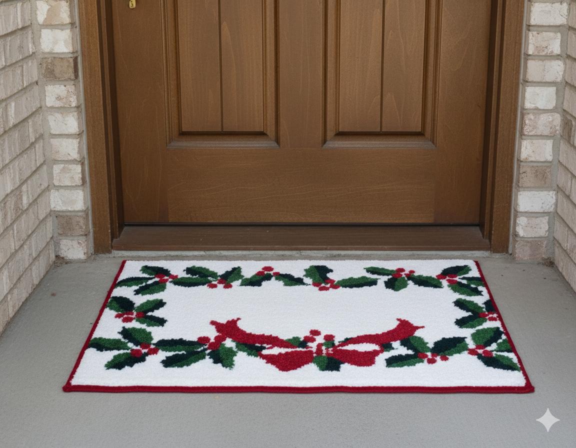 Festive Christmas Holly &  Bow Door Mat – Soft Anti-Slip Entrance Mat