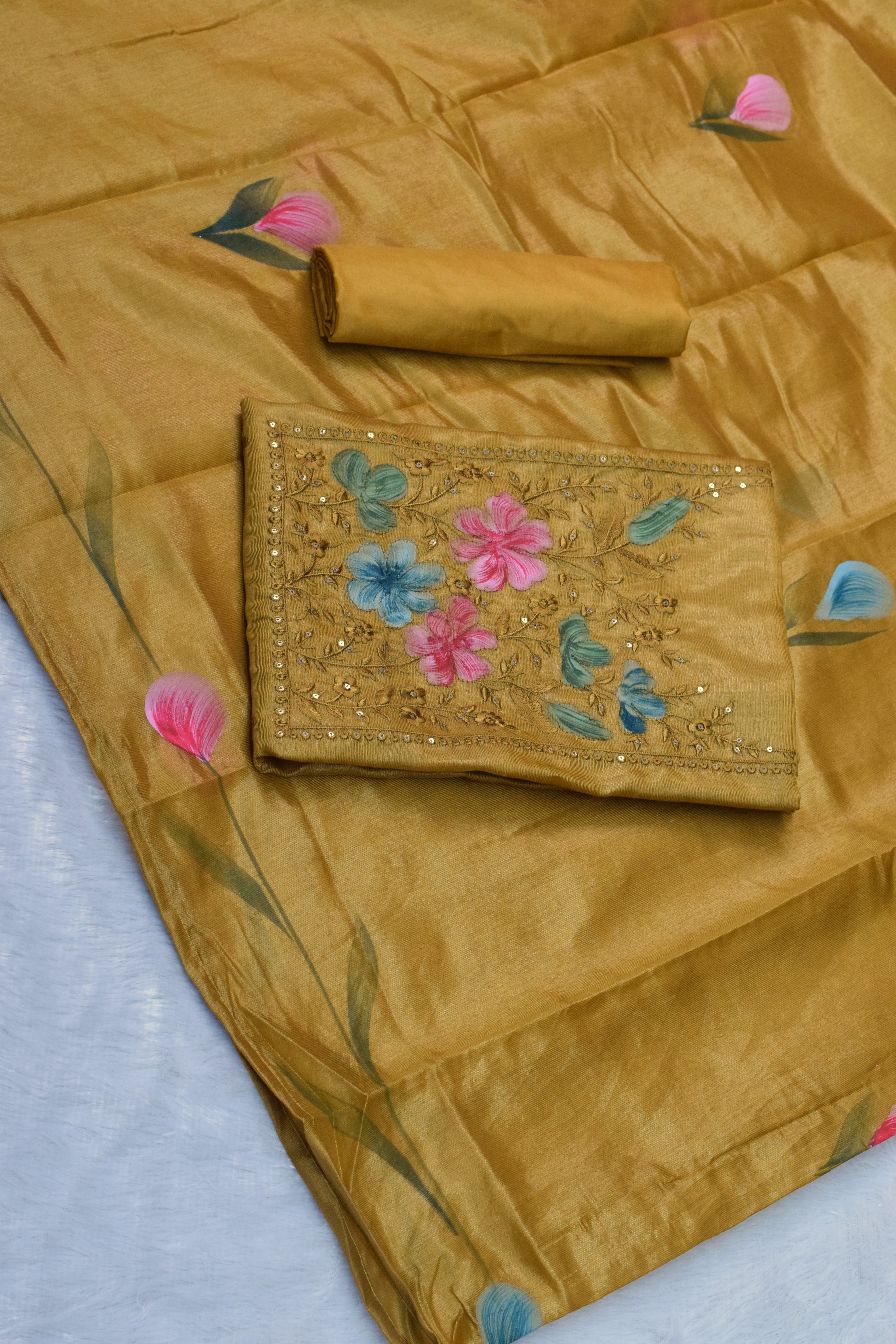 Mustard Semi Silk Churidar Set with Hand-Painted Floral Embroidery-soft silk