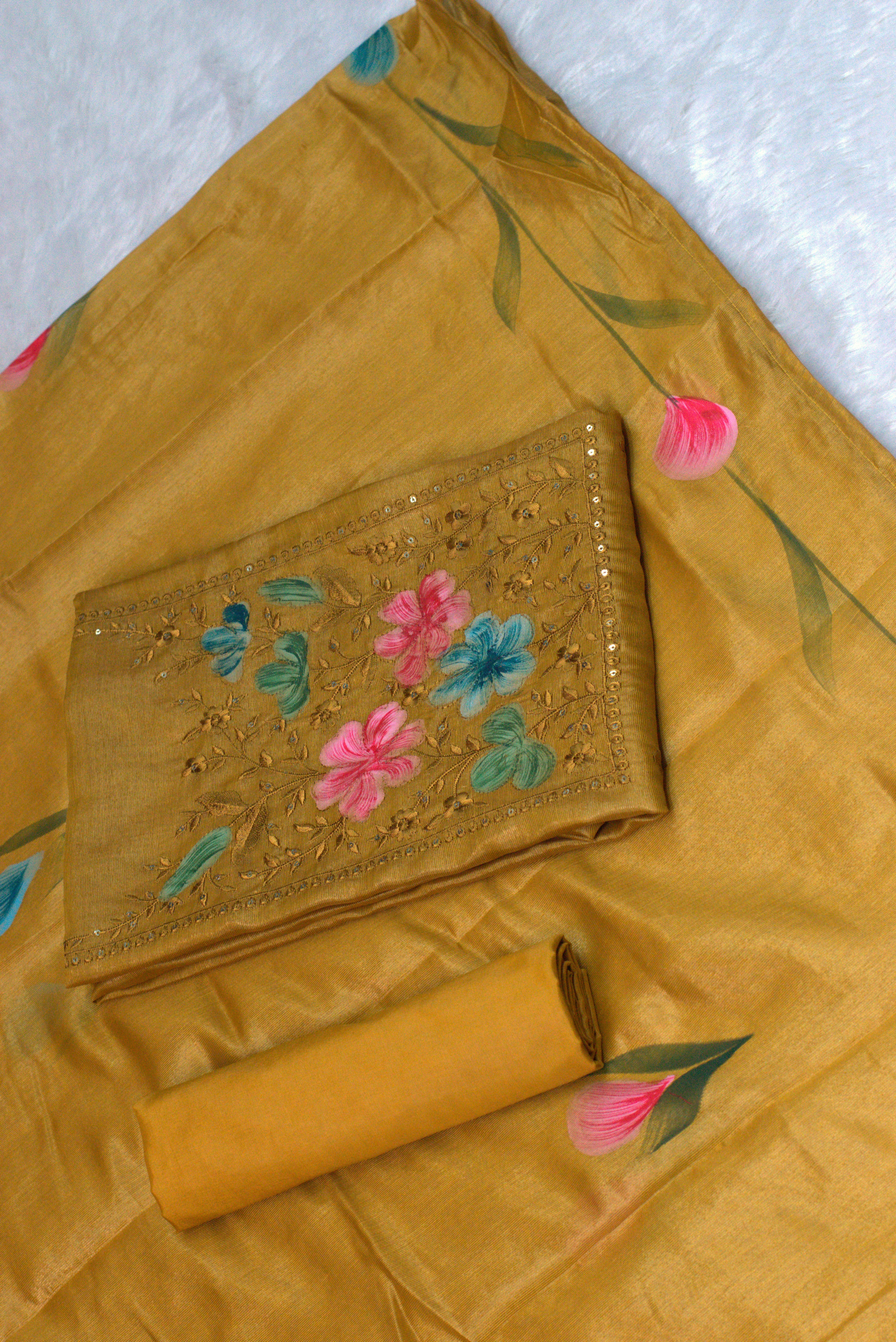 Mustard Semi Silk Churidar Set with Hand-Painted Floral Embroidery-soft silk