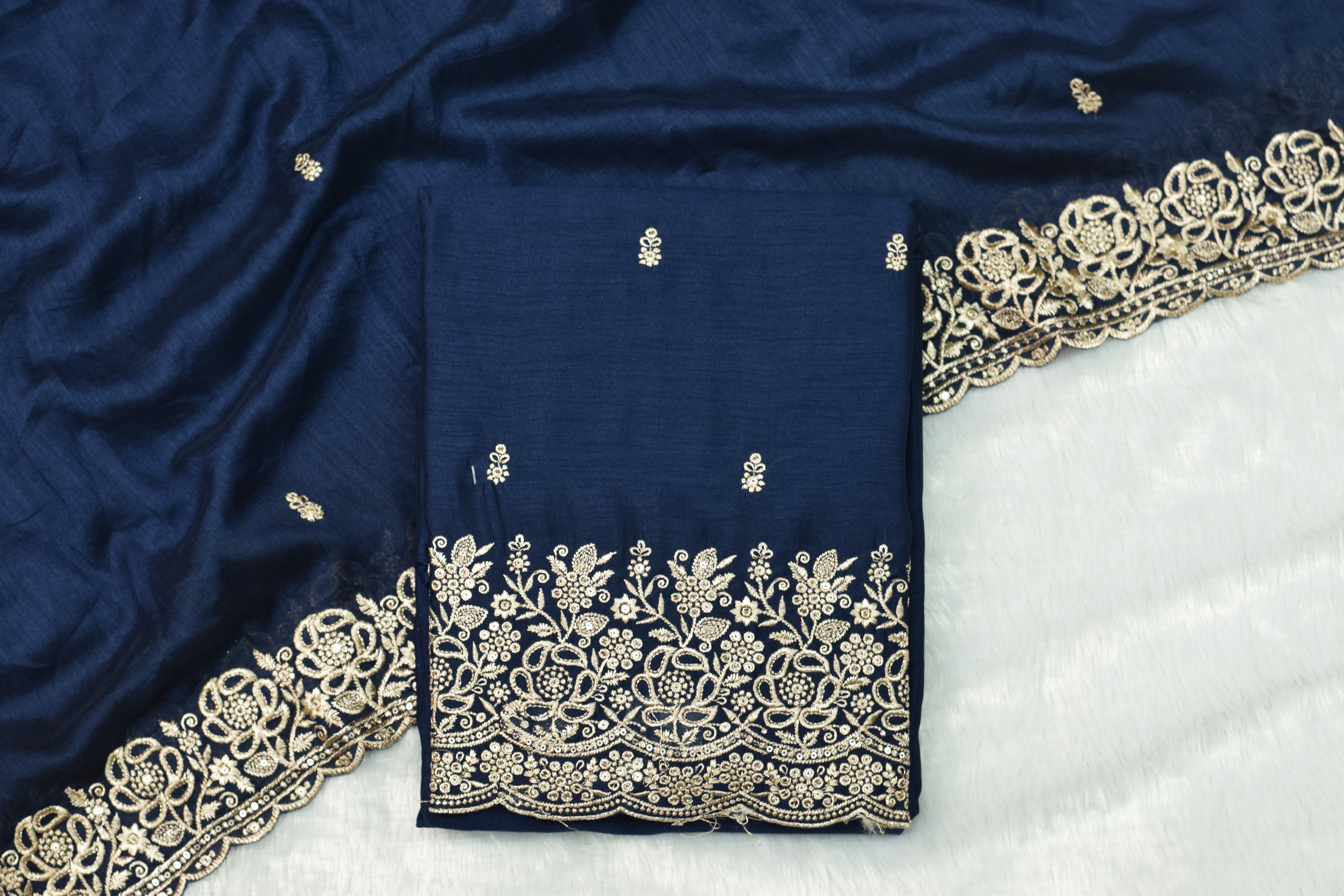 Navy Blue Vichitra Silk Churidar Material with Heavy Embroidery Border
