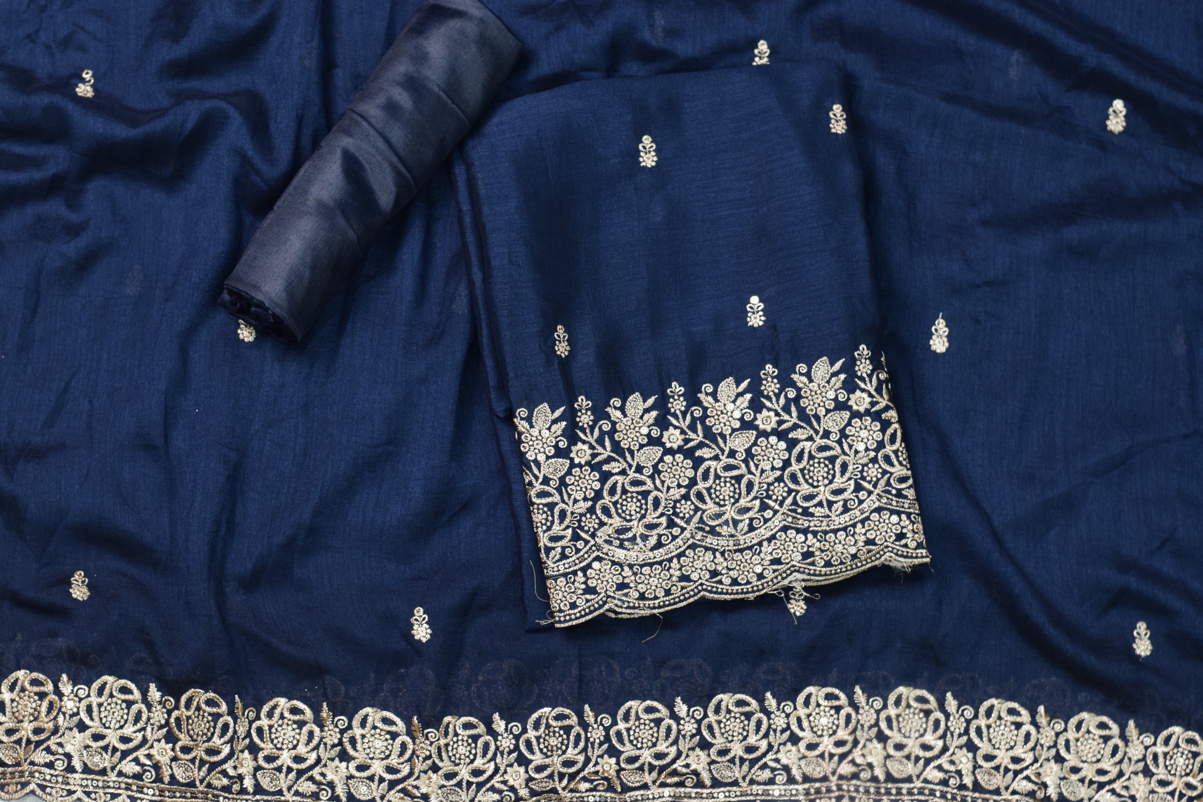 Navy Blue Vichitra Silk Churidar Material with Heavy Embroidery Border