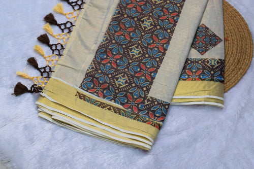 Ajrakh Print Linen Saree Set with Matching Blouse Piece | Handcrafted Block Print | Ethnic Wear