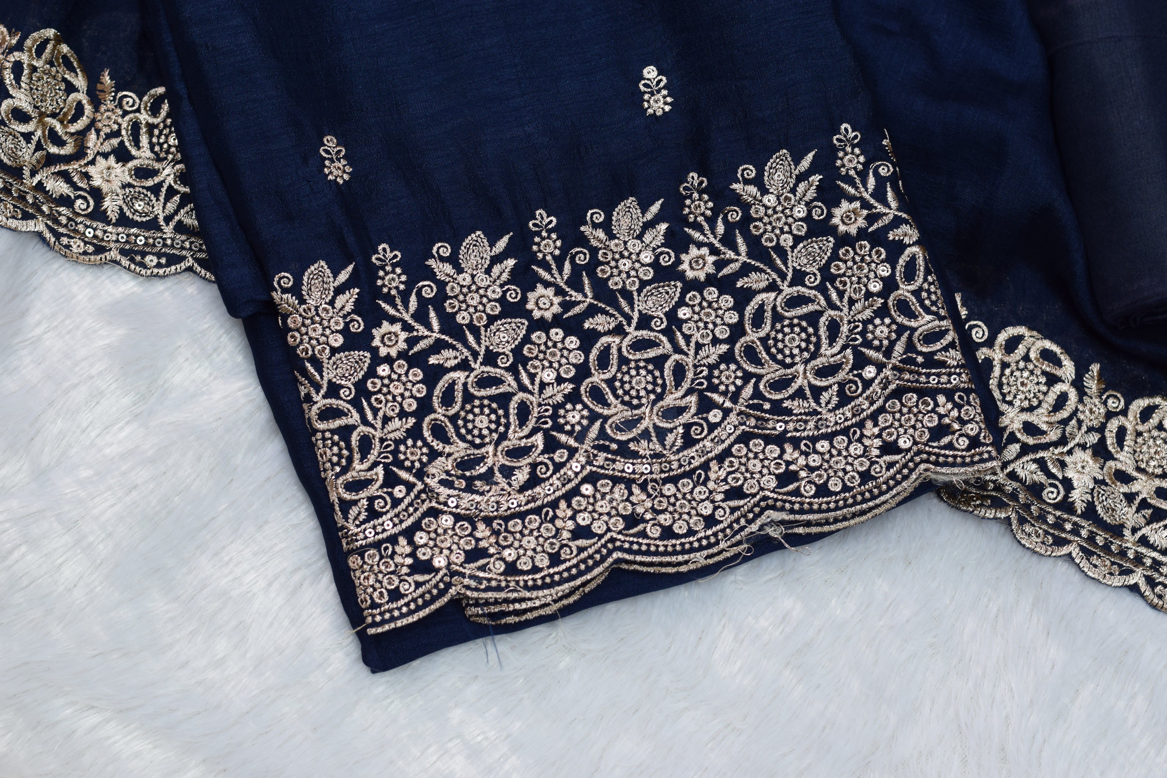 Navy Blue Vichitra Silk Churidar Material with Heavy Embroidery Border
