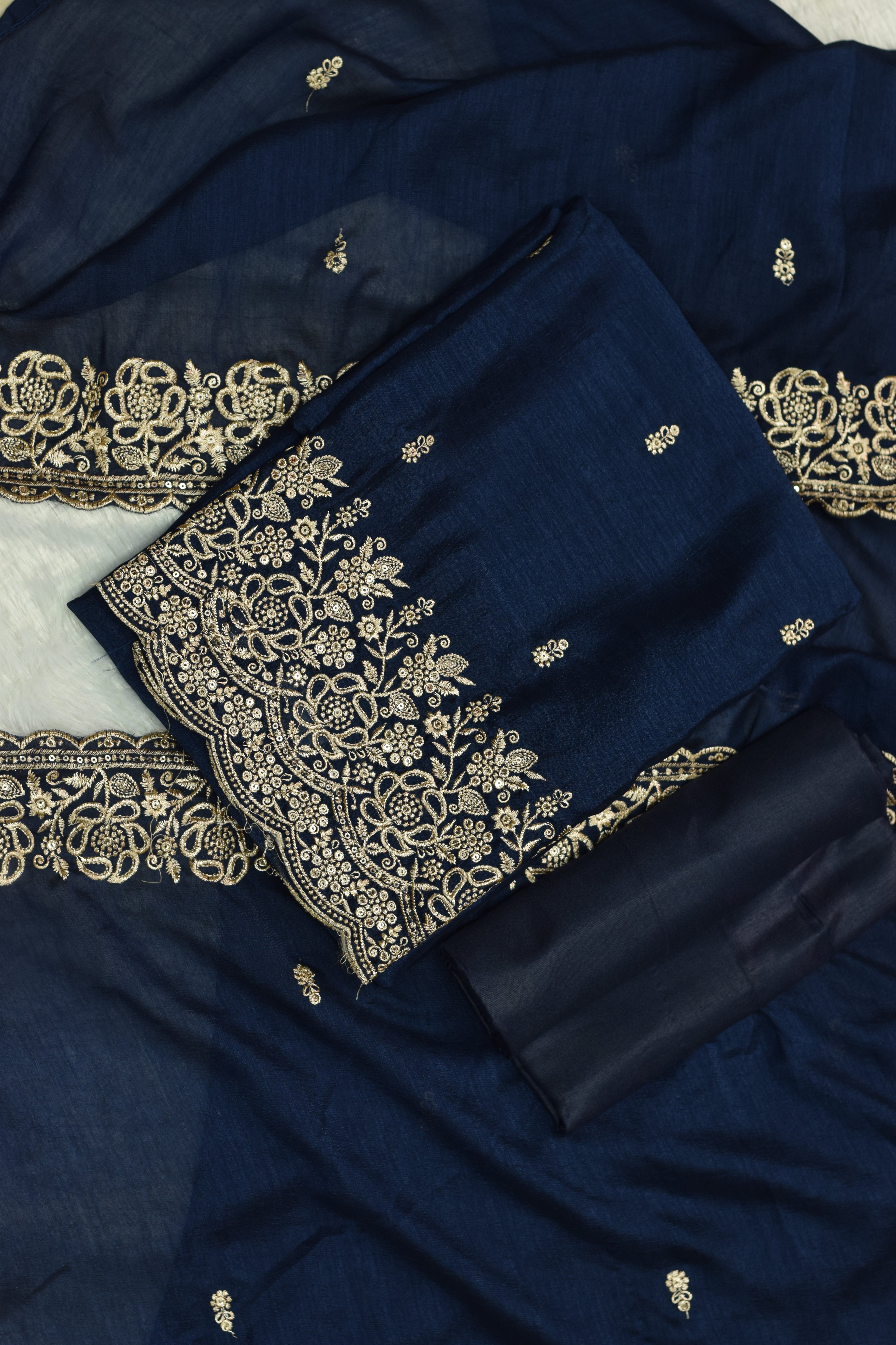 Navy Blue Vichitra Silk Churidar Material with Heavy Embroidery Border