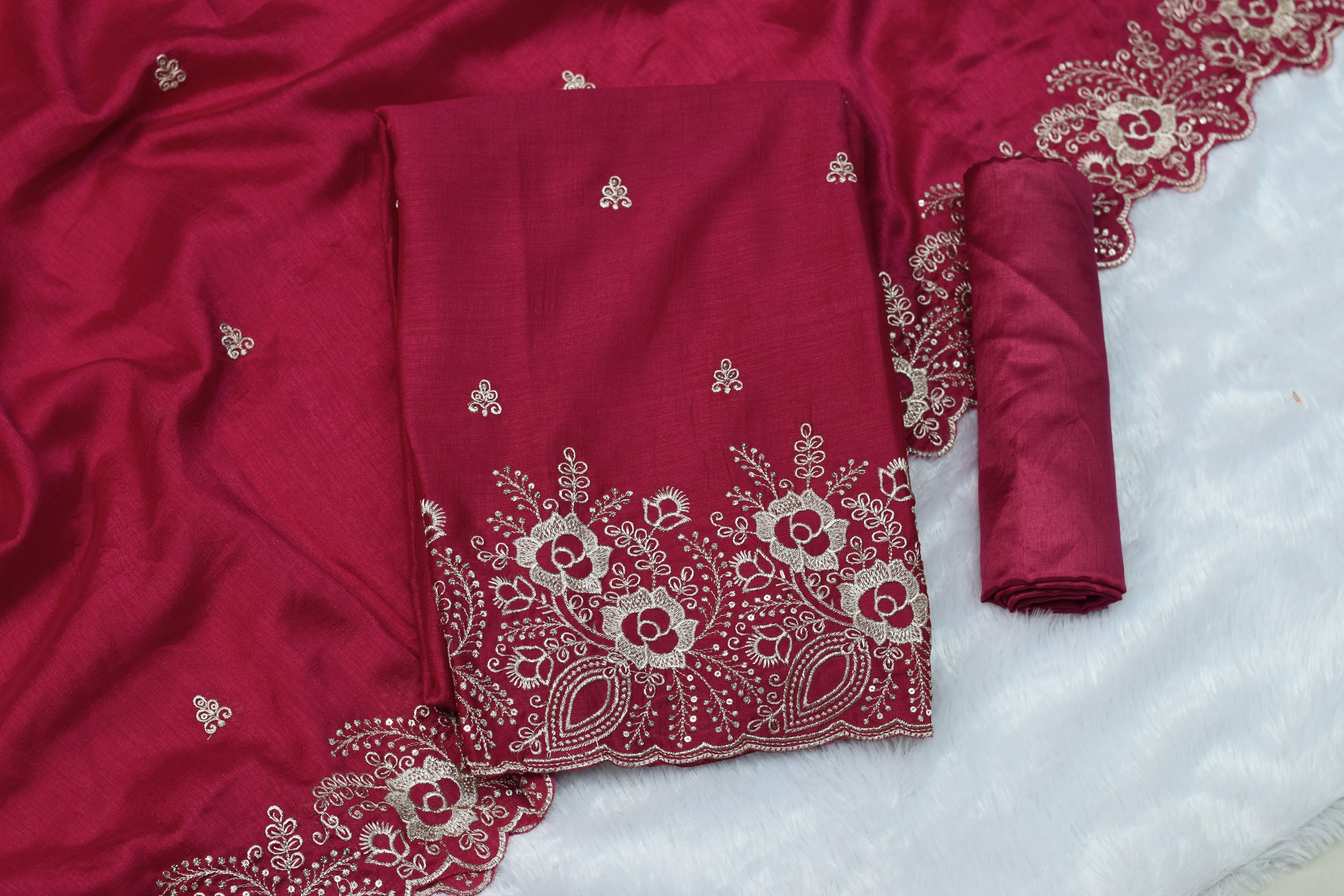 Wine Pink Vichitra Silk Churidar Material with Elegant Embroidery Work