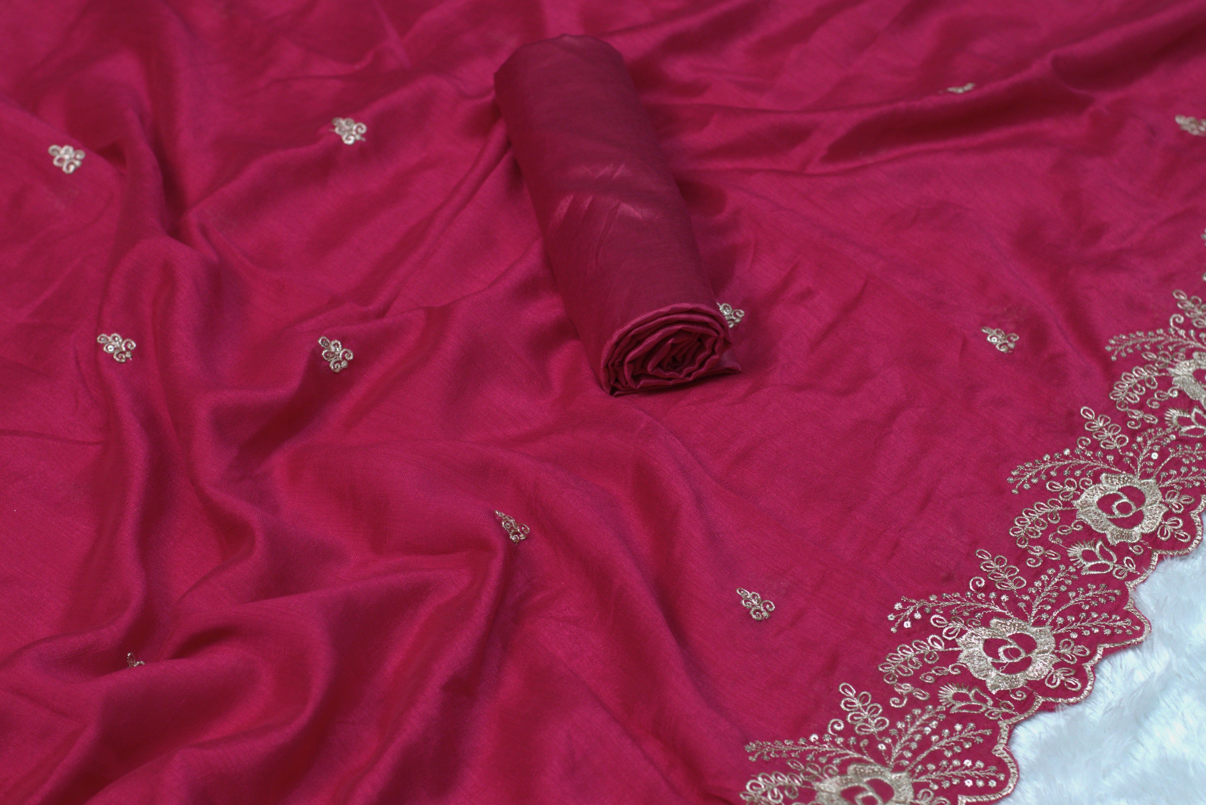 Wine Pink Vichitra Silk Churidar Material with Elegant Embroidery Work