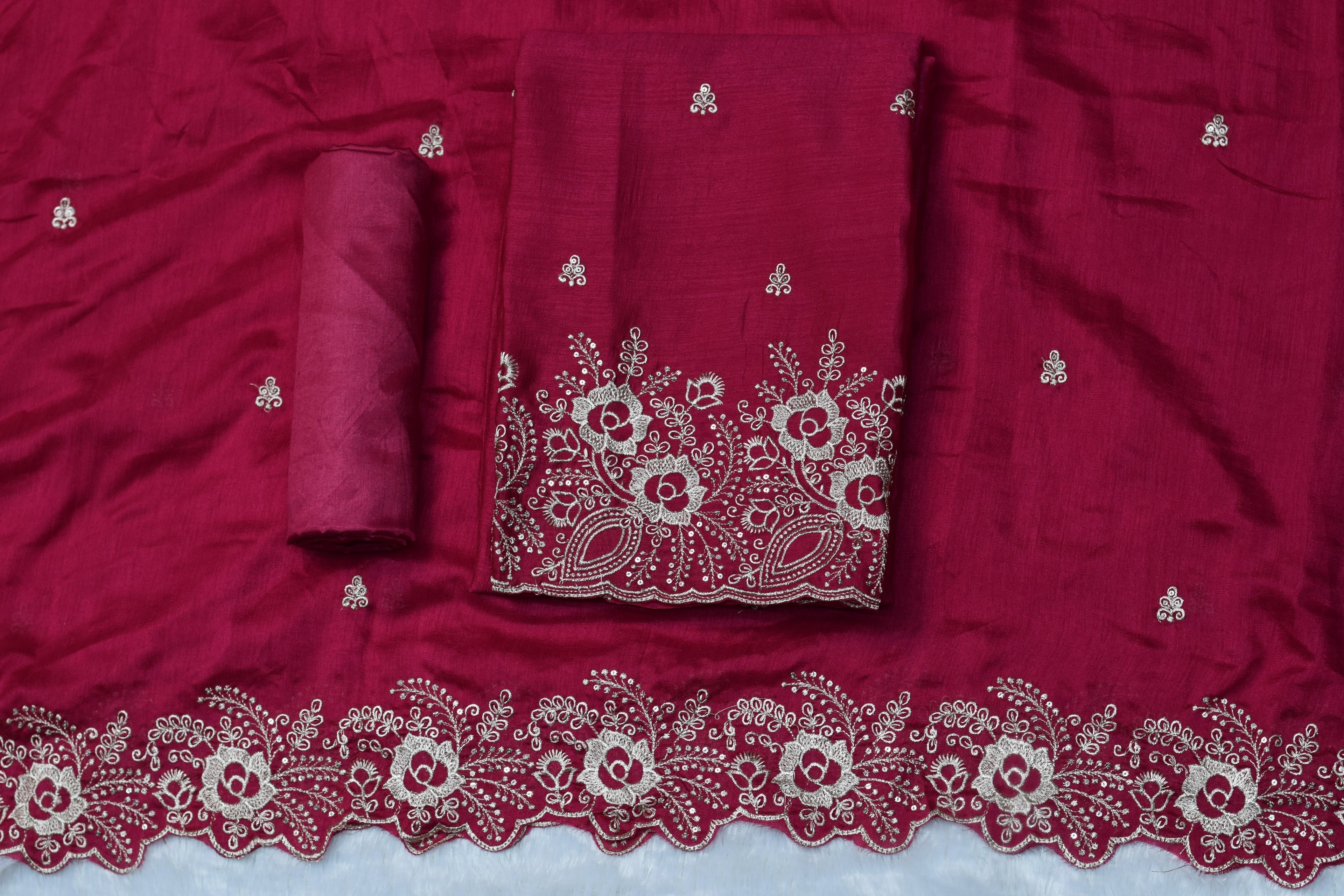 Wine Pink Vichitra Silk Churidar Material with Elegant Embroidery Work
