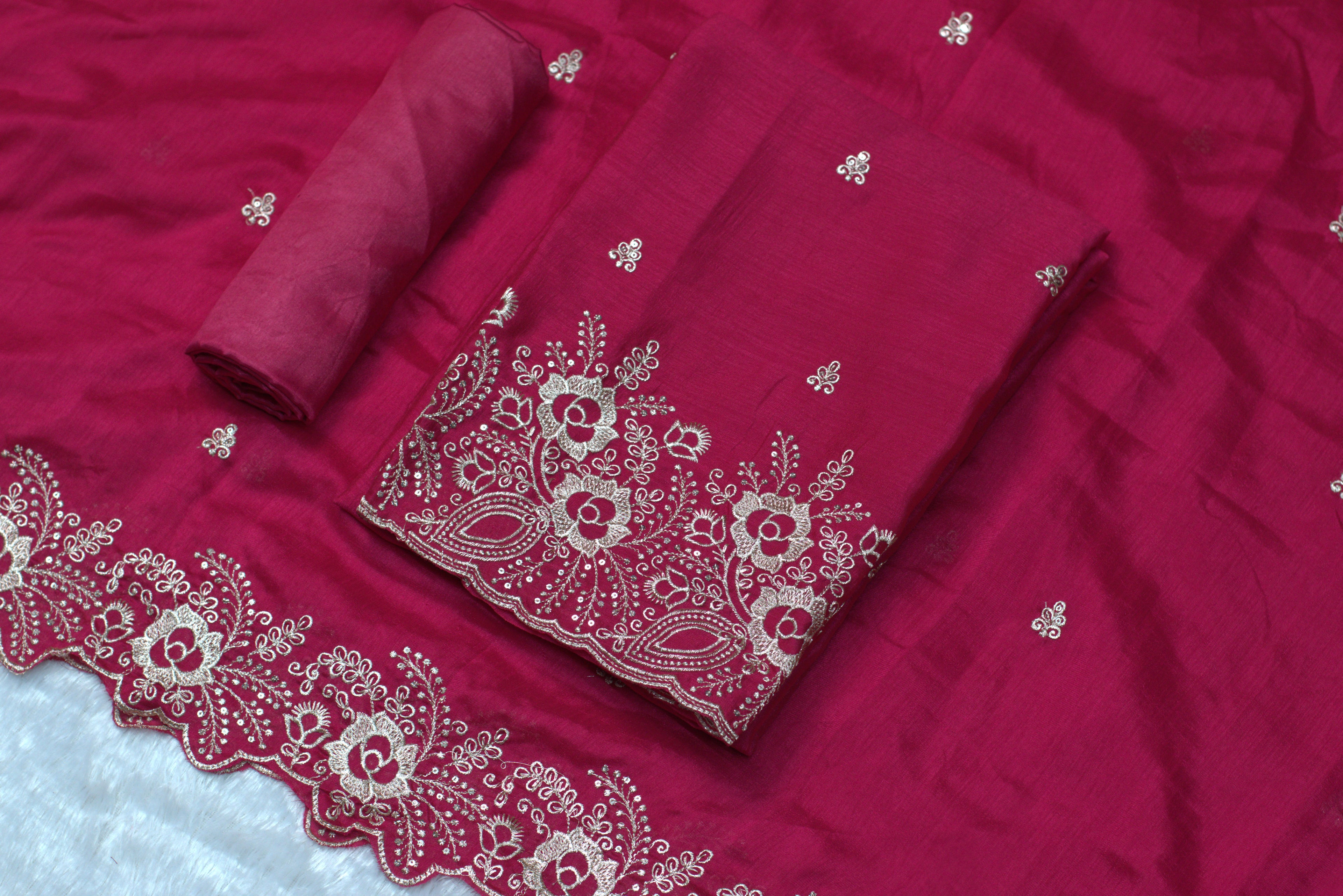 Wine Pink Vichitra Silk Churidar Material with Elegant Embroidery Work