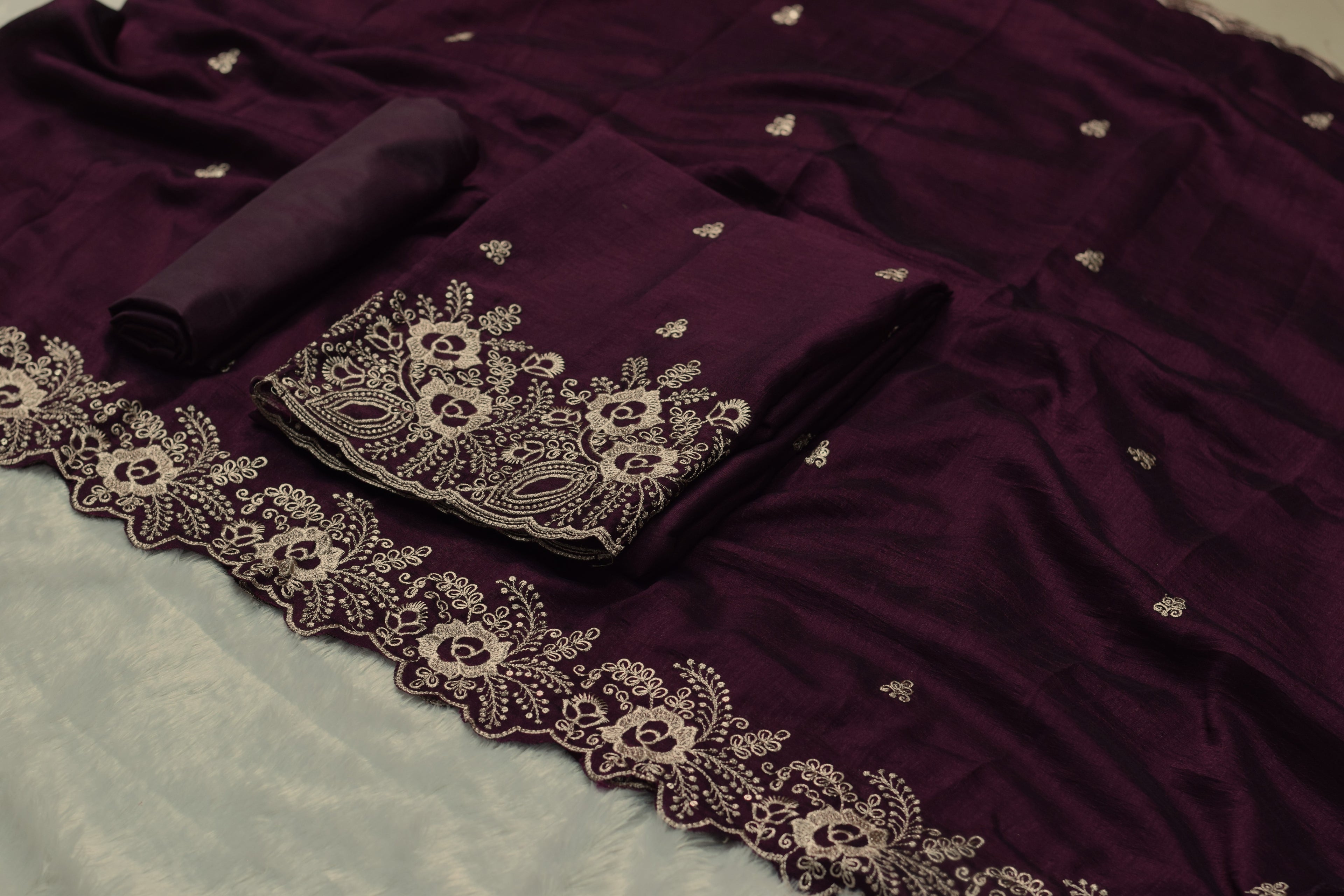 Premium Vichitra Silk Churidar Material  set with Elegant Embroidery – Wine Purple