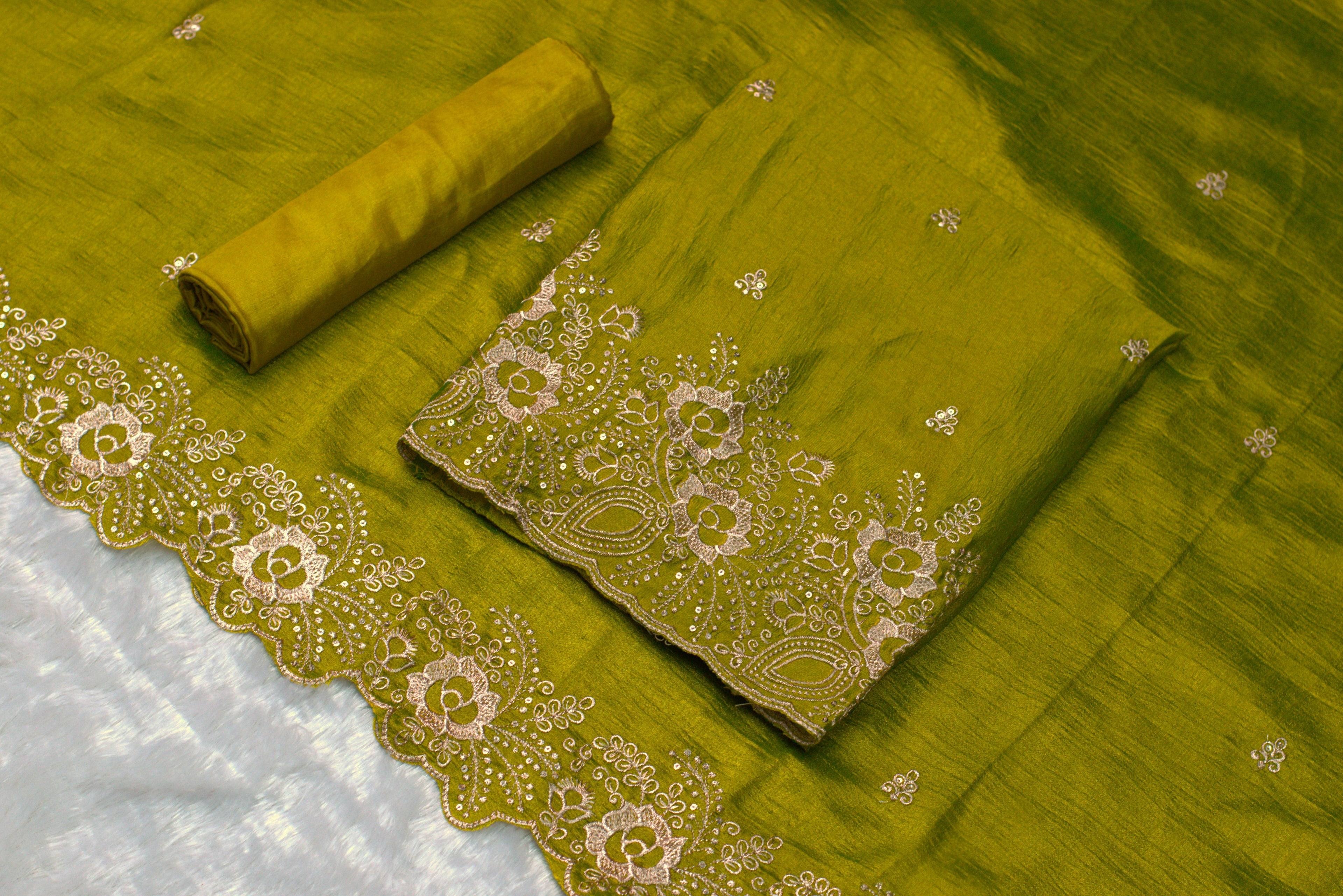 Green Embroidered Churidar Set Material with Floral Border- vichitra silk