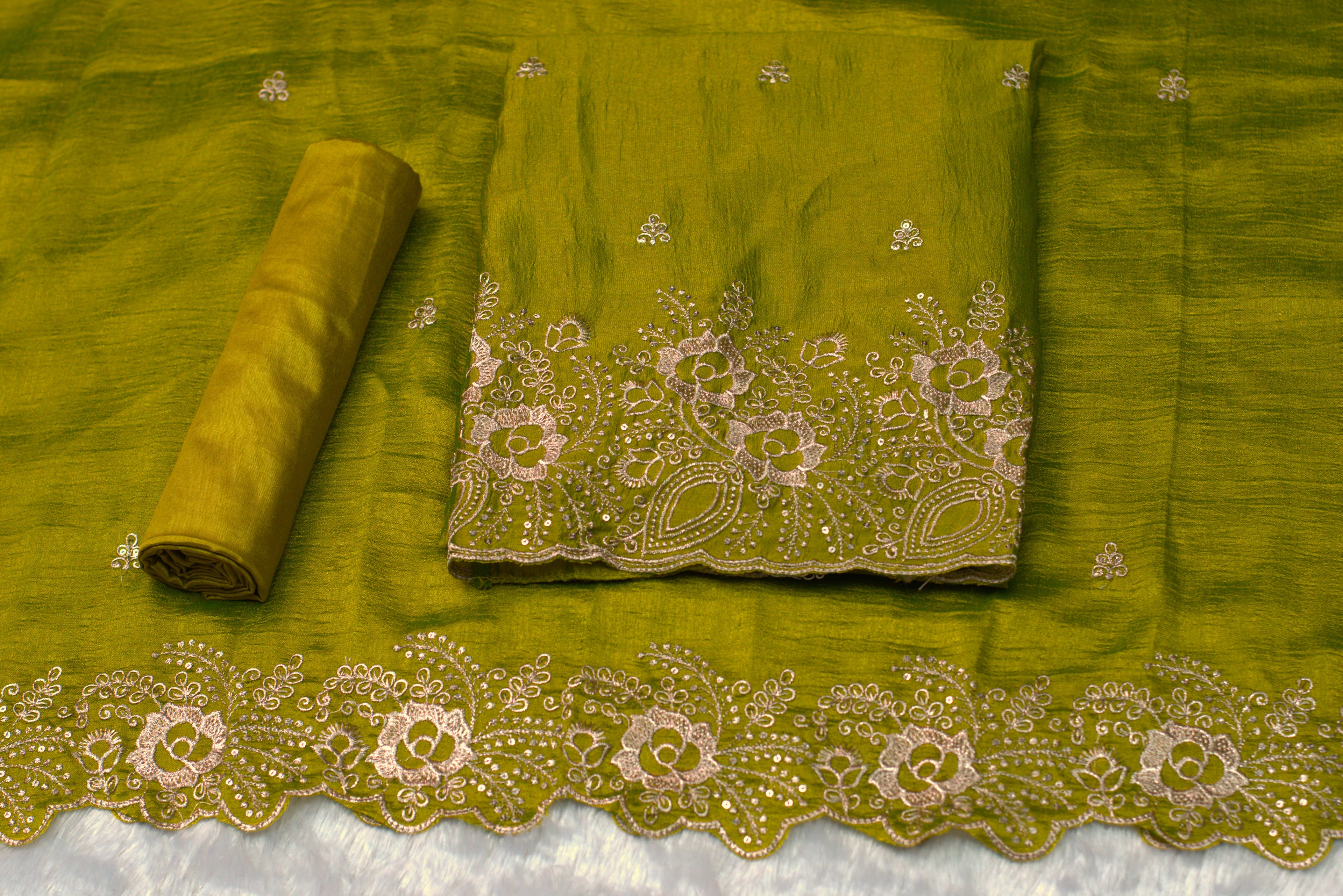 Green Embroidered Churidar Set Material with Floral Border- vichitra silk