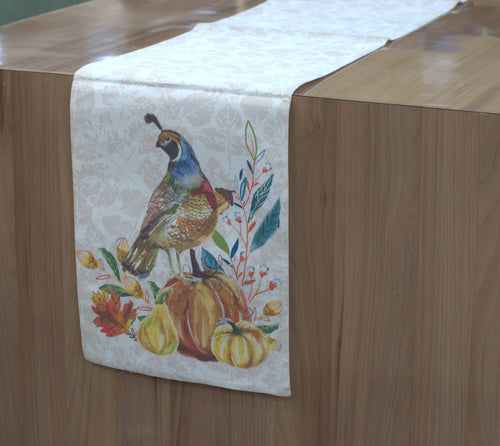 Autumn Quail & Pumpkin Printed Table Runner – 180 x 35 cm