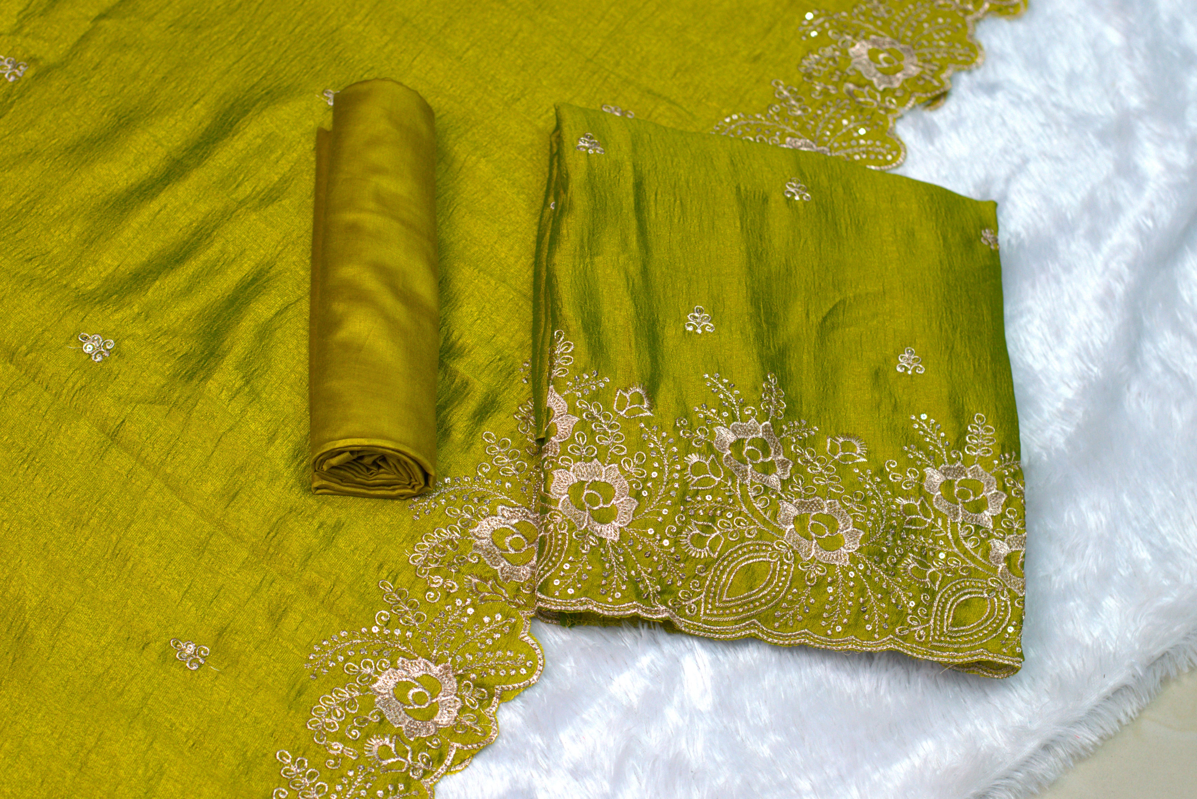 Green Embroidered Churidar Set Material with Floral Border- vichitra silk
