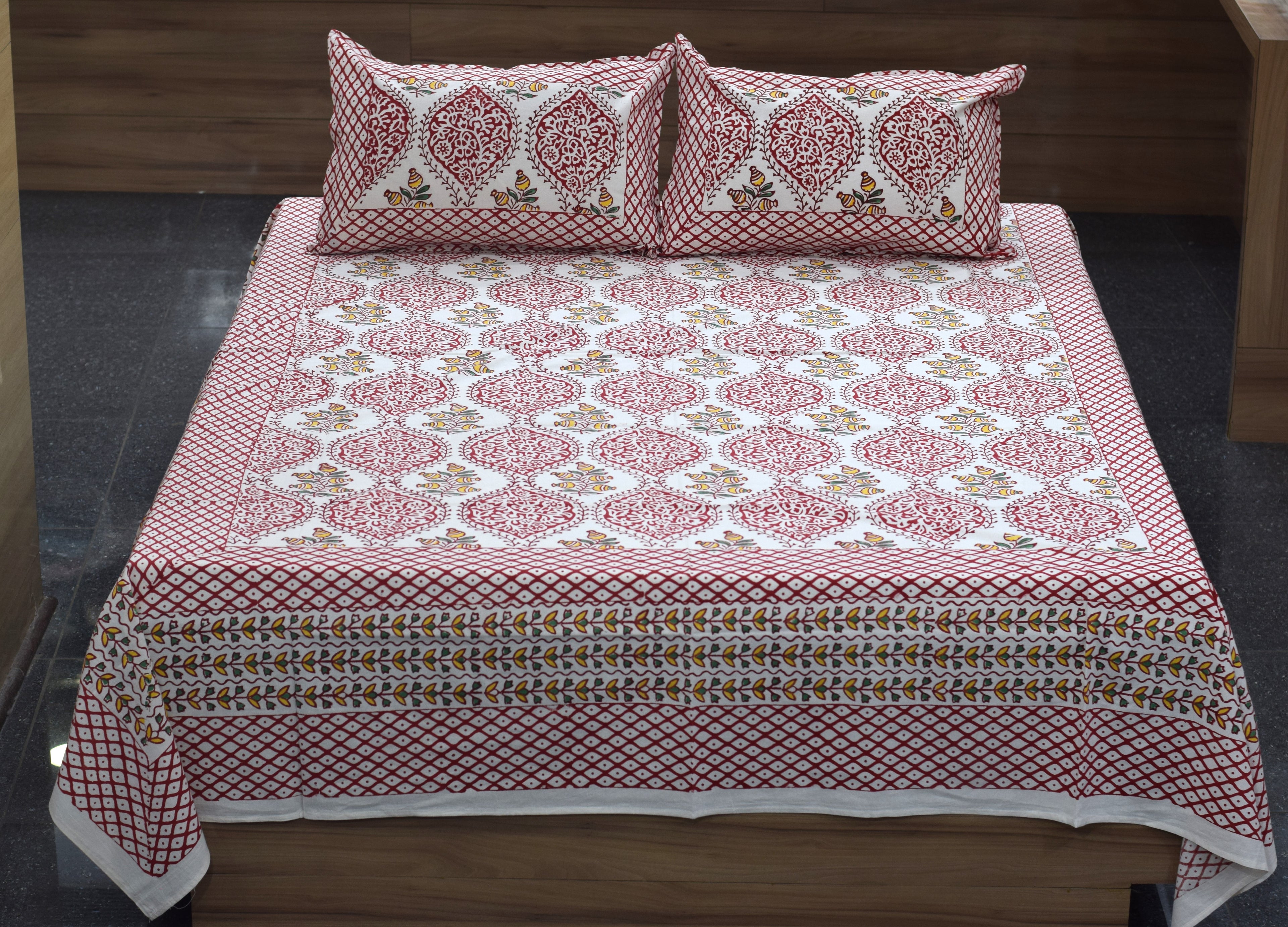 Red Floral Block Print Cotton Bedsheet – King Size with 2 Pillow Covers