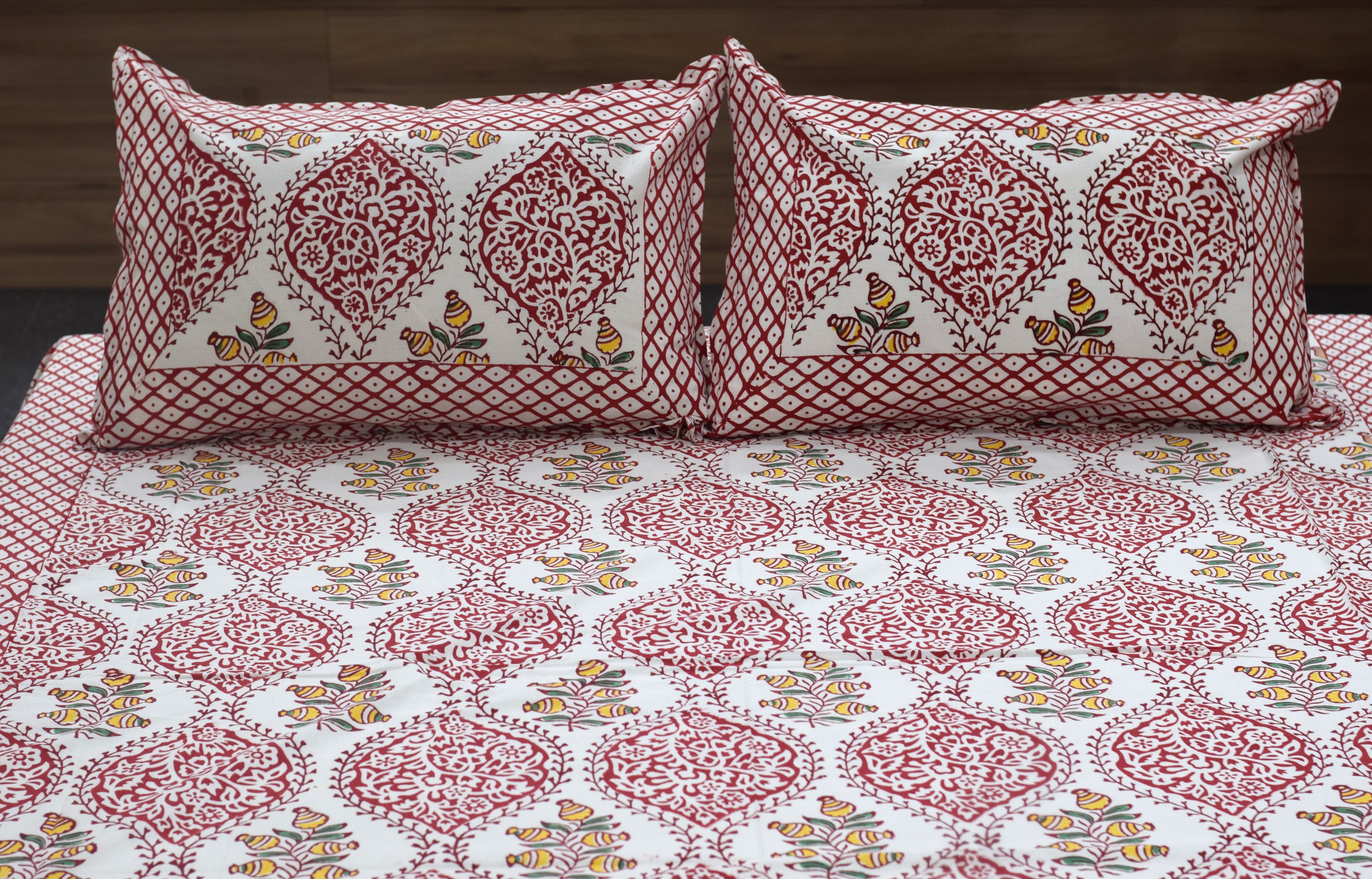 Red Floral Block Print Cotton Bedsheet – King Size with 2 Pillow Covers