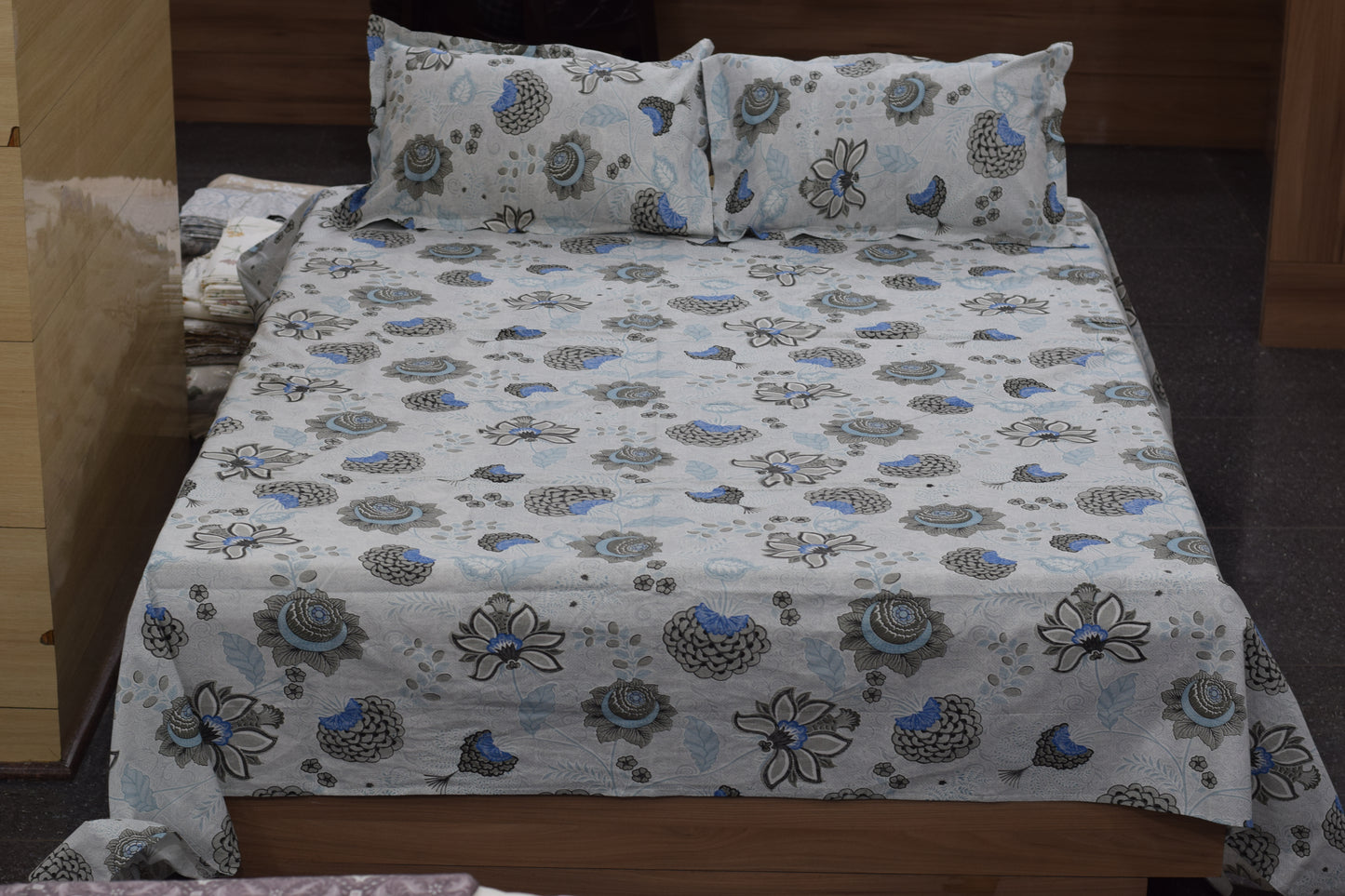 King Size Cotton Bedsheet with 2 Pillow Covers – Grey & Blue Floral Print