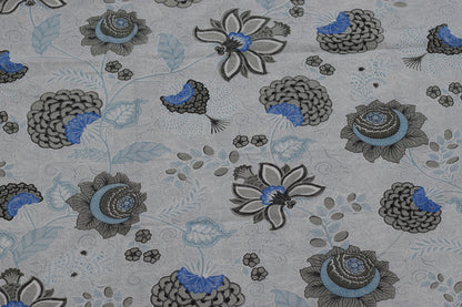 King Size Cotton Bedsheet with 2 Pillow Covers – Grey & Blue Floral Print