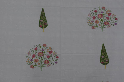 Elegant Floral Garden Print Queen Size Bedsheet Set (White Base with Green Tree Motifs)