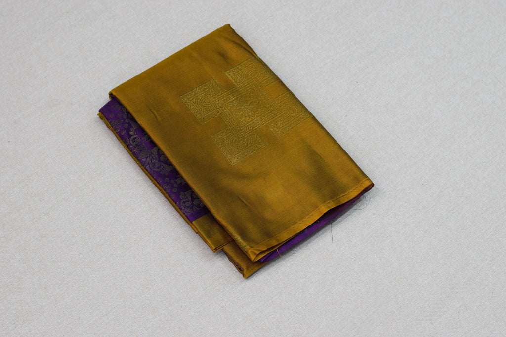 Elegant Mustard & Royal Purple Semi Silk Saree with Gold Zari Floral Weaving