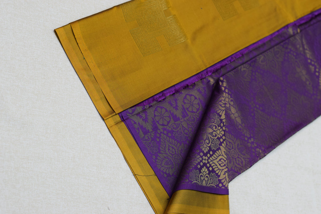 Elegant Mustard & Royal Purple Semi Silk Saree with Gold Zari Floral Weaving