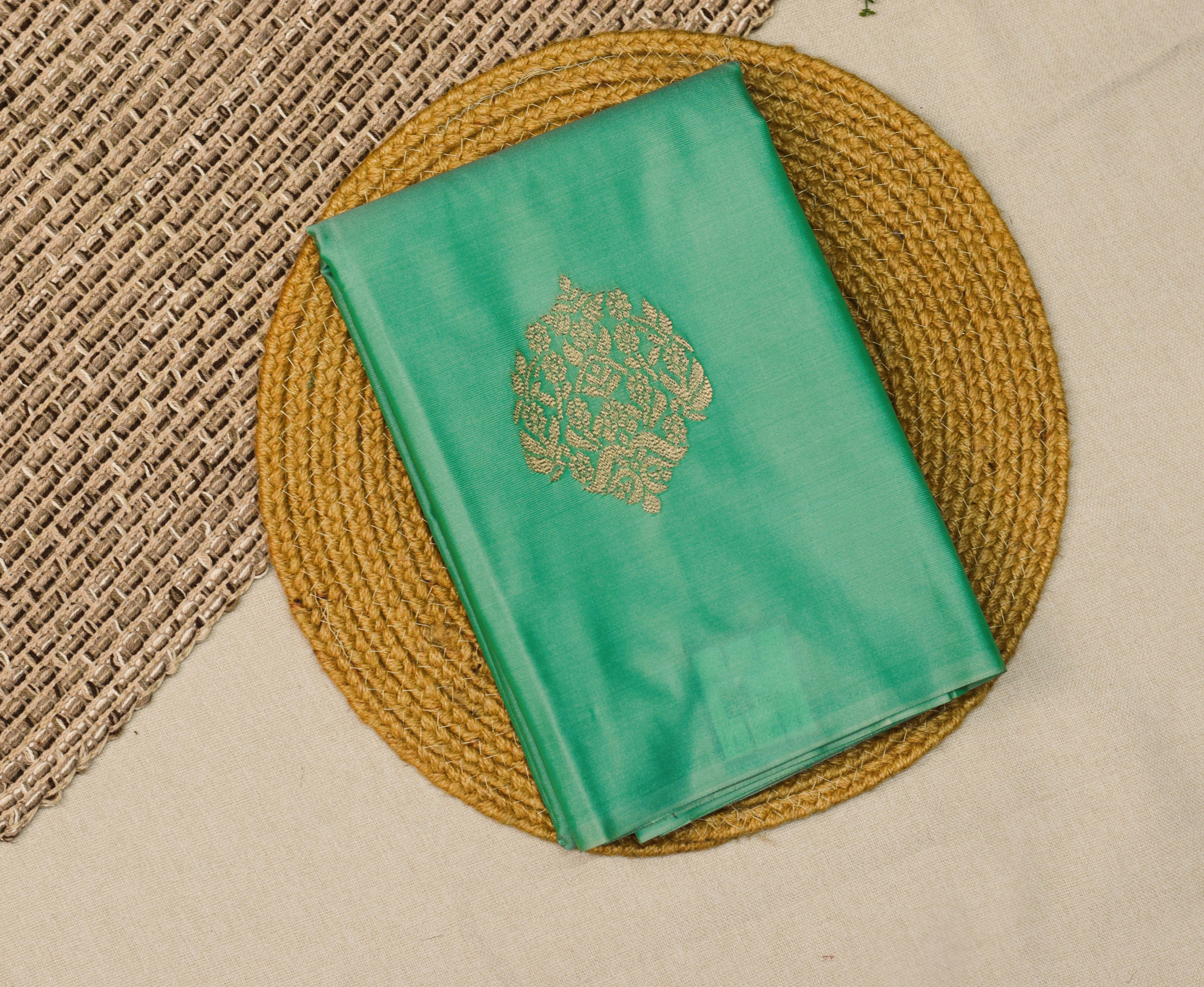 Elegant Sea Green Semi Silk Saree with Gold Woven Motifs