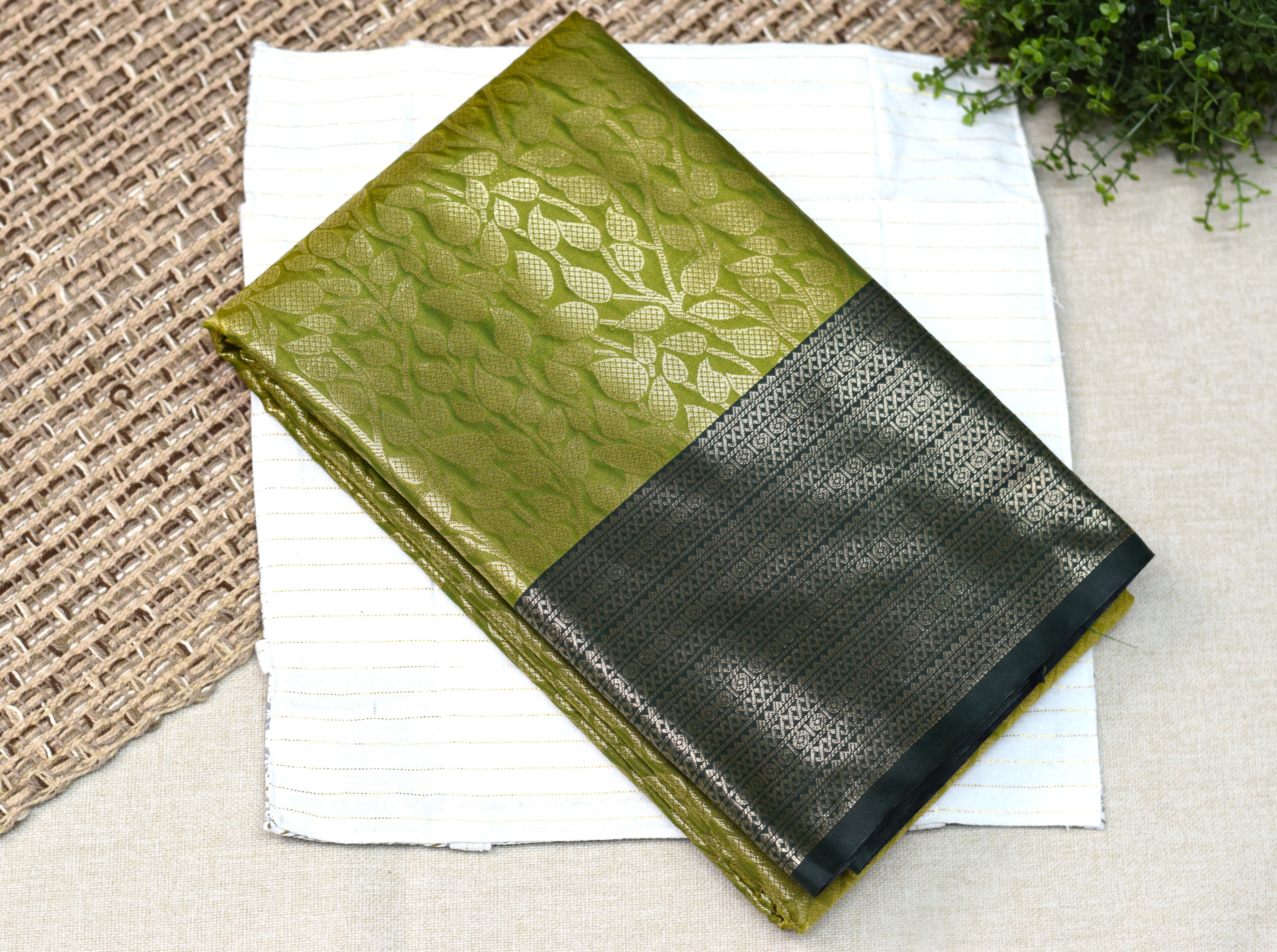 Elegant Olive Green Cotton Silk Saree with Rich Zari Border