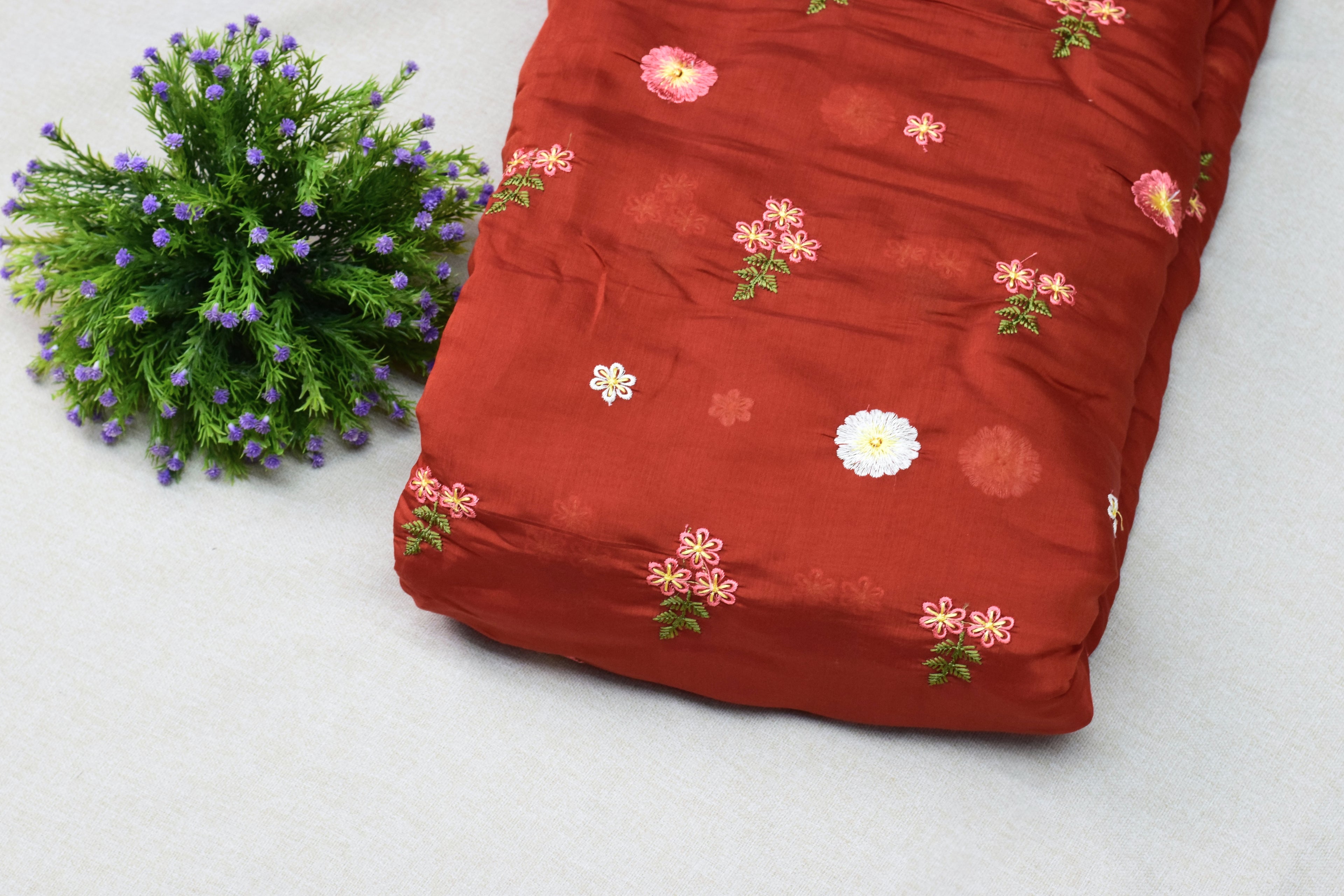 Elegant Rust Mul Chanderi Fabric – 44 Inches Width with Floral Embroidery