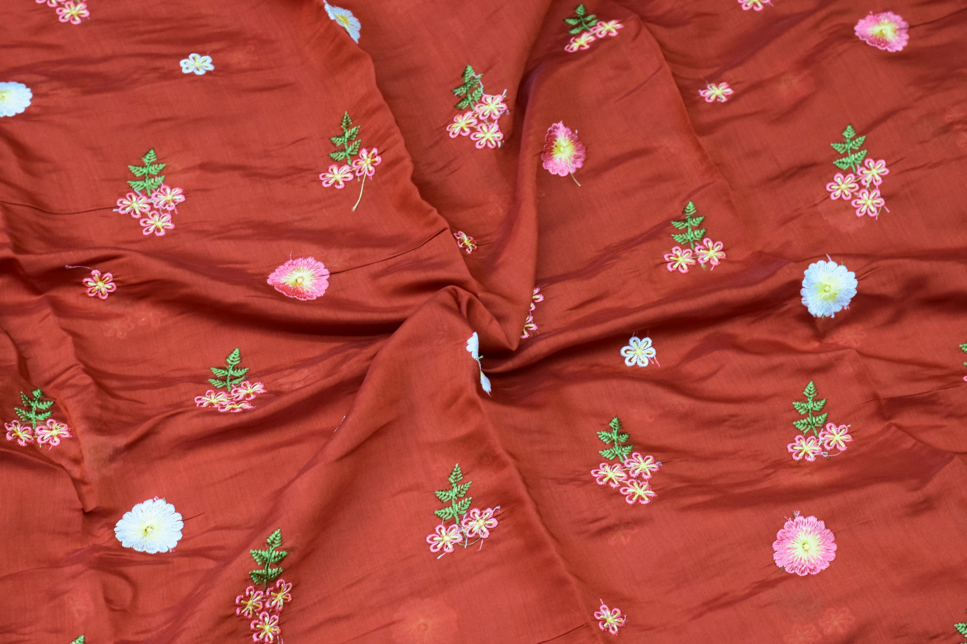 Elegant Rust Mul Chanderi Fabric – 44 Inches Width with Floral Embroidery