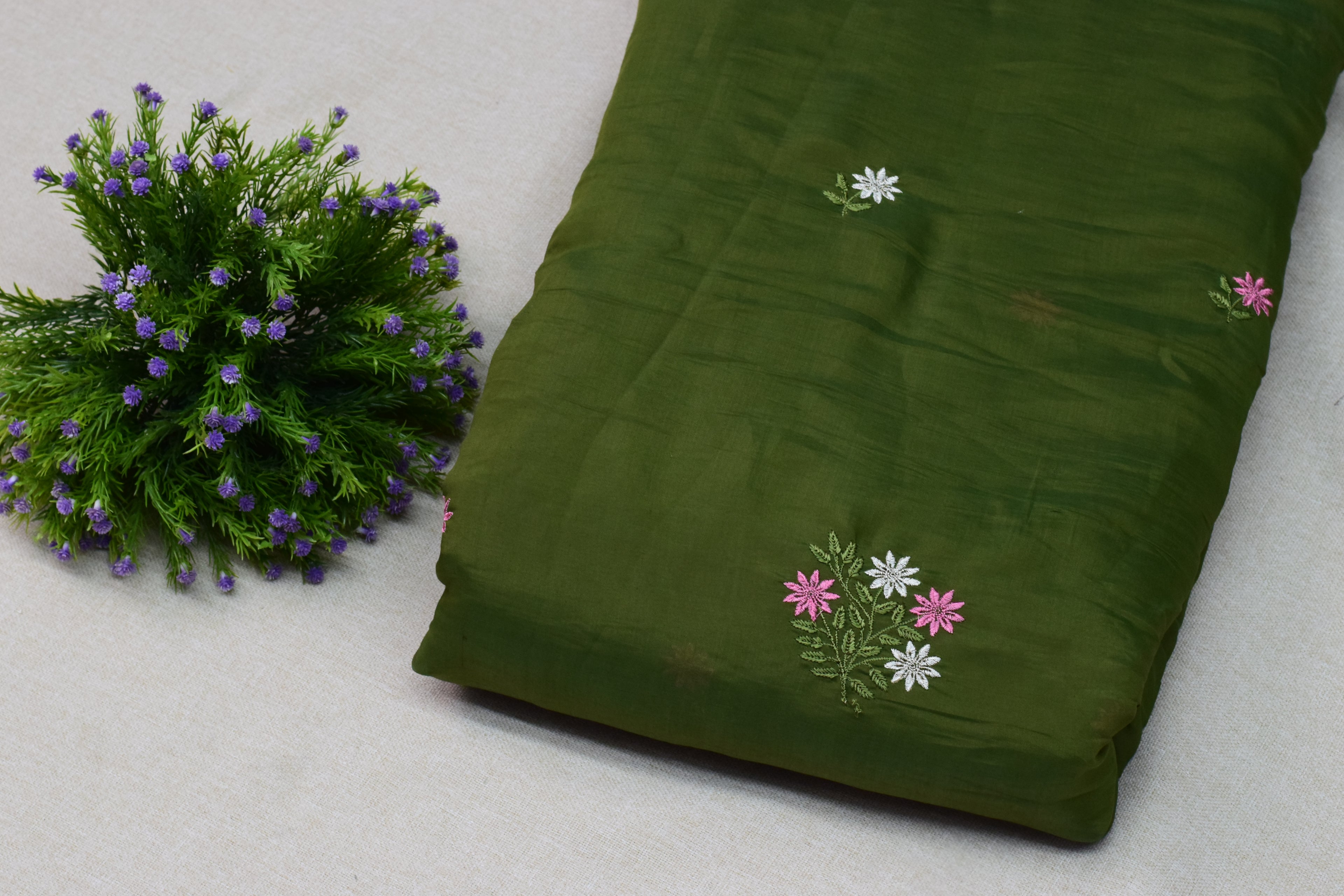 Elegant Olive Green Mul Chanderi Fabric – 44 Inch Width with Floral Embroidery