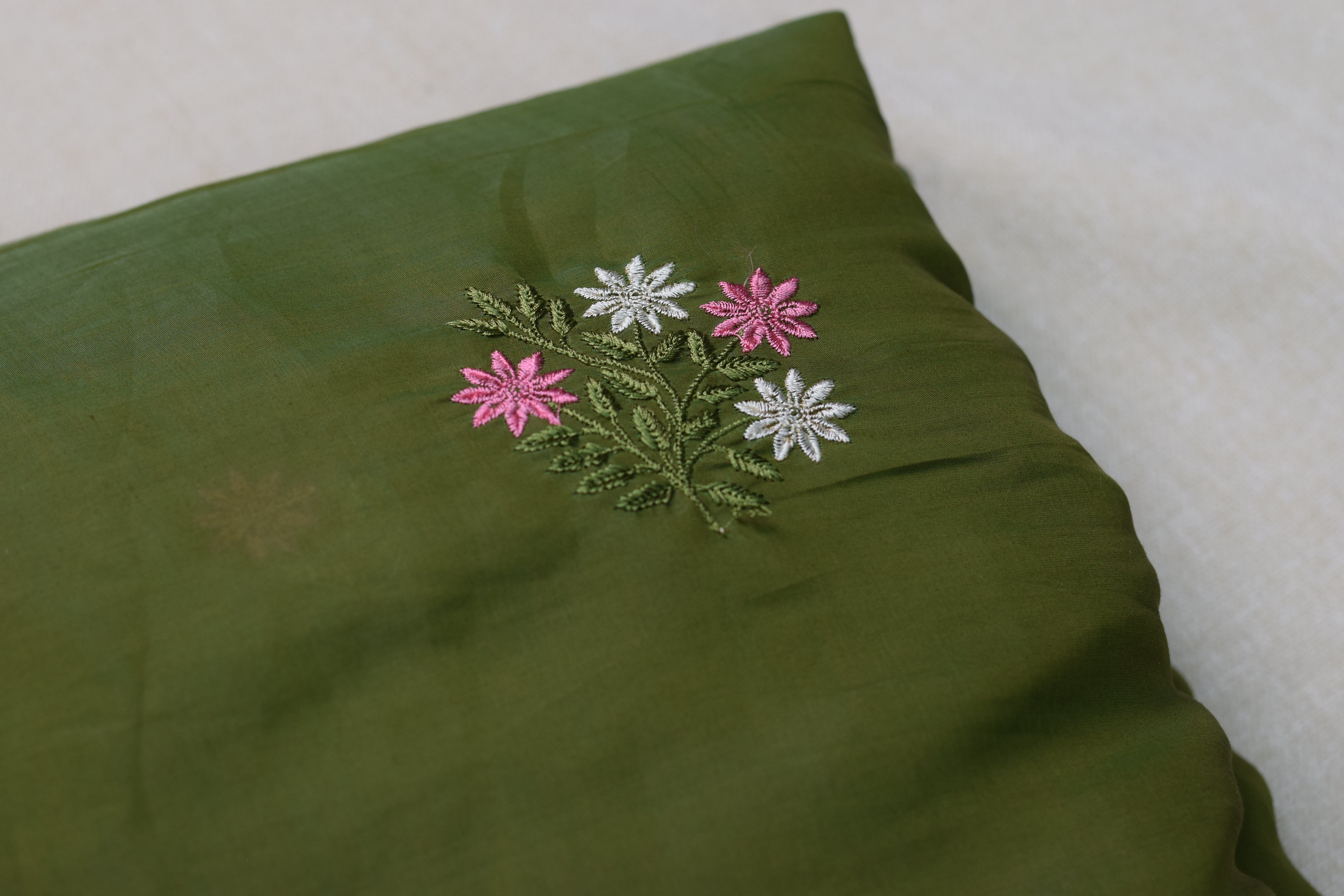 Elegant Olive Green Mul Chanderi Fabric – 44 Inch Width with Floral Embroidery