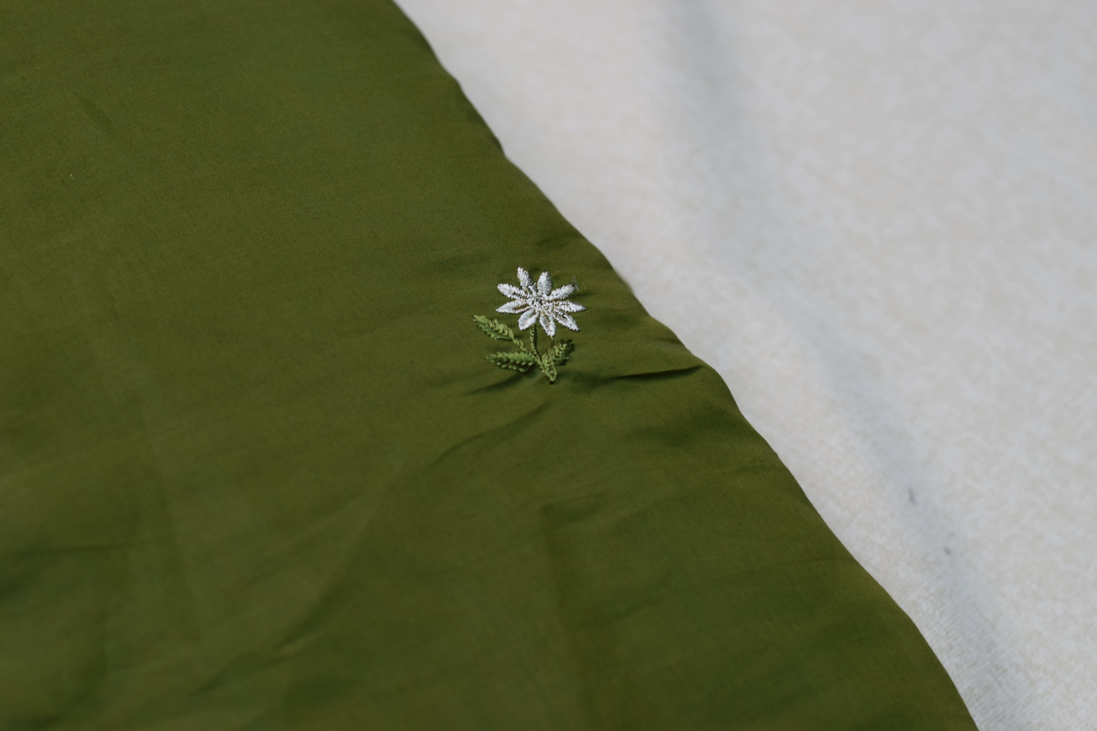 Elegant Olive Green Mul Chanderi Fabric – 44 Inch Width with Floral Embroidery