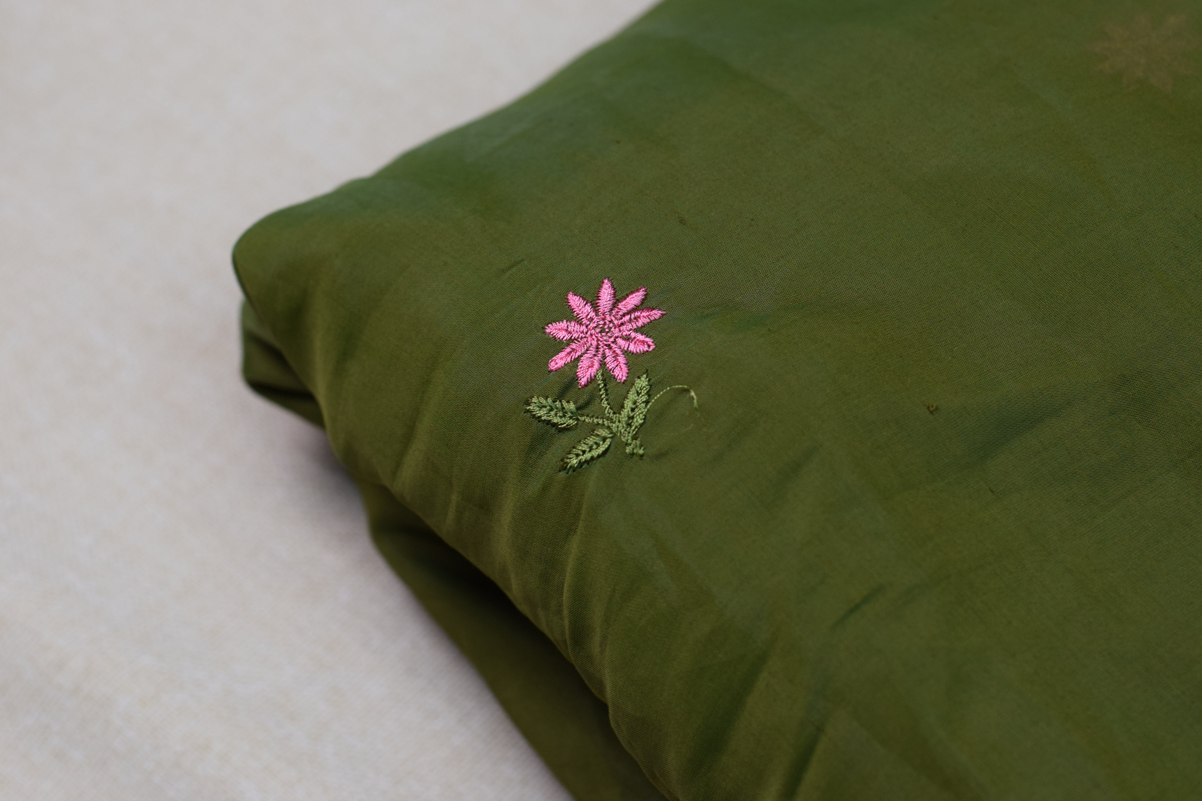 Elegant Olive Green Mul Chanderi Fabric – 44 Inch Width with Floral Embroidery