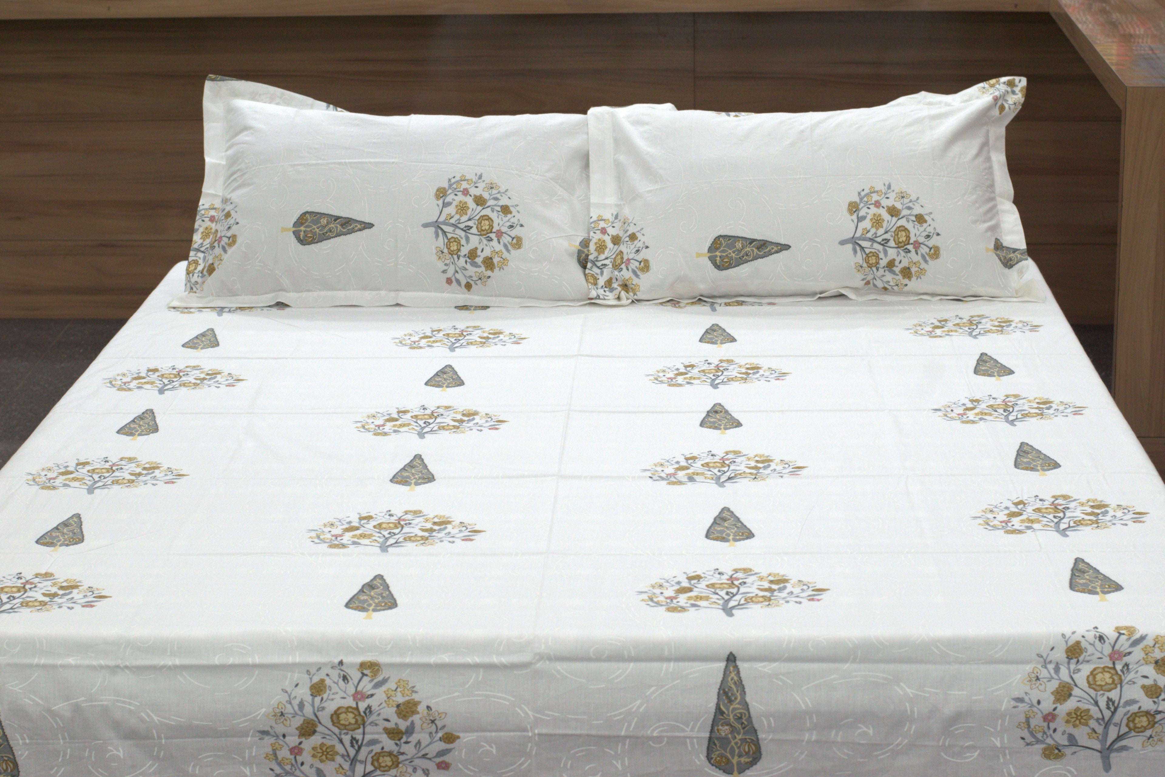 Premium Queen Size Bedsheet with 2 Pillow Covers – Elegant Floral Tree Print White Bed Sheet Set