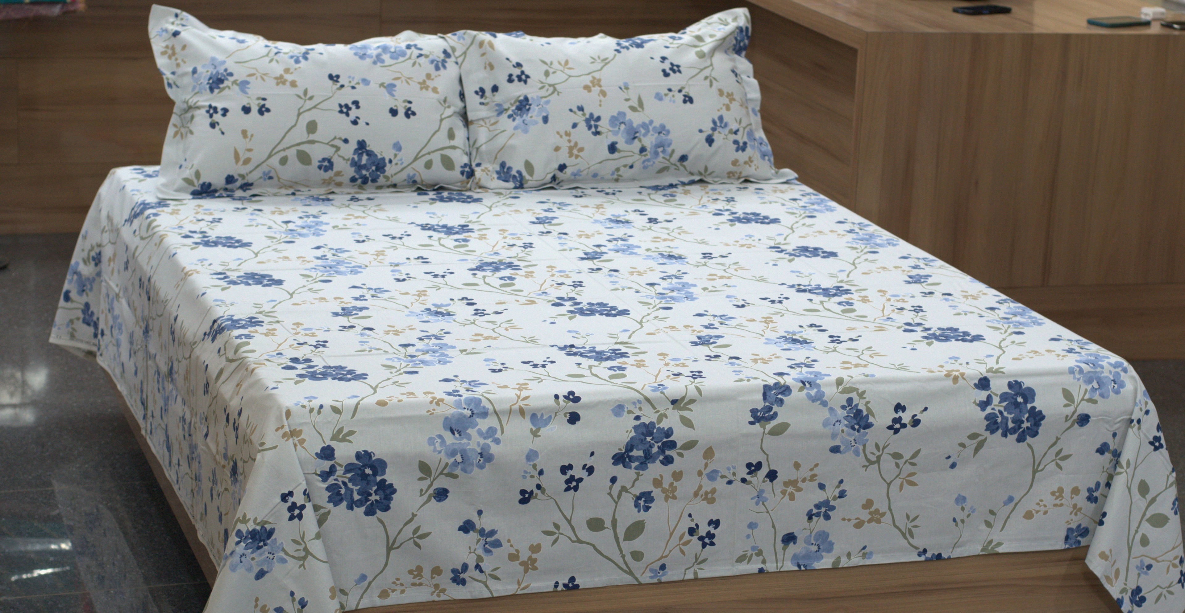 Blue Floral Queen Size Bedsheet with 2 Pillow Covers – Cotton Bedding Set