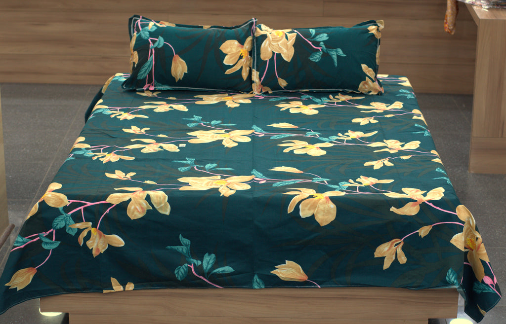 Soft Feel Blend Floral Bedsheet – Dark Teal & Mustard Print (225 x 250 cm)