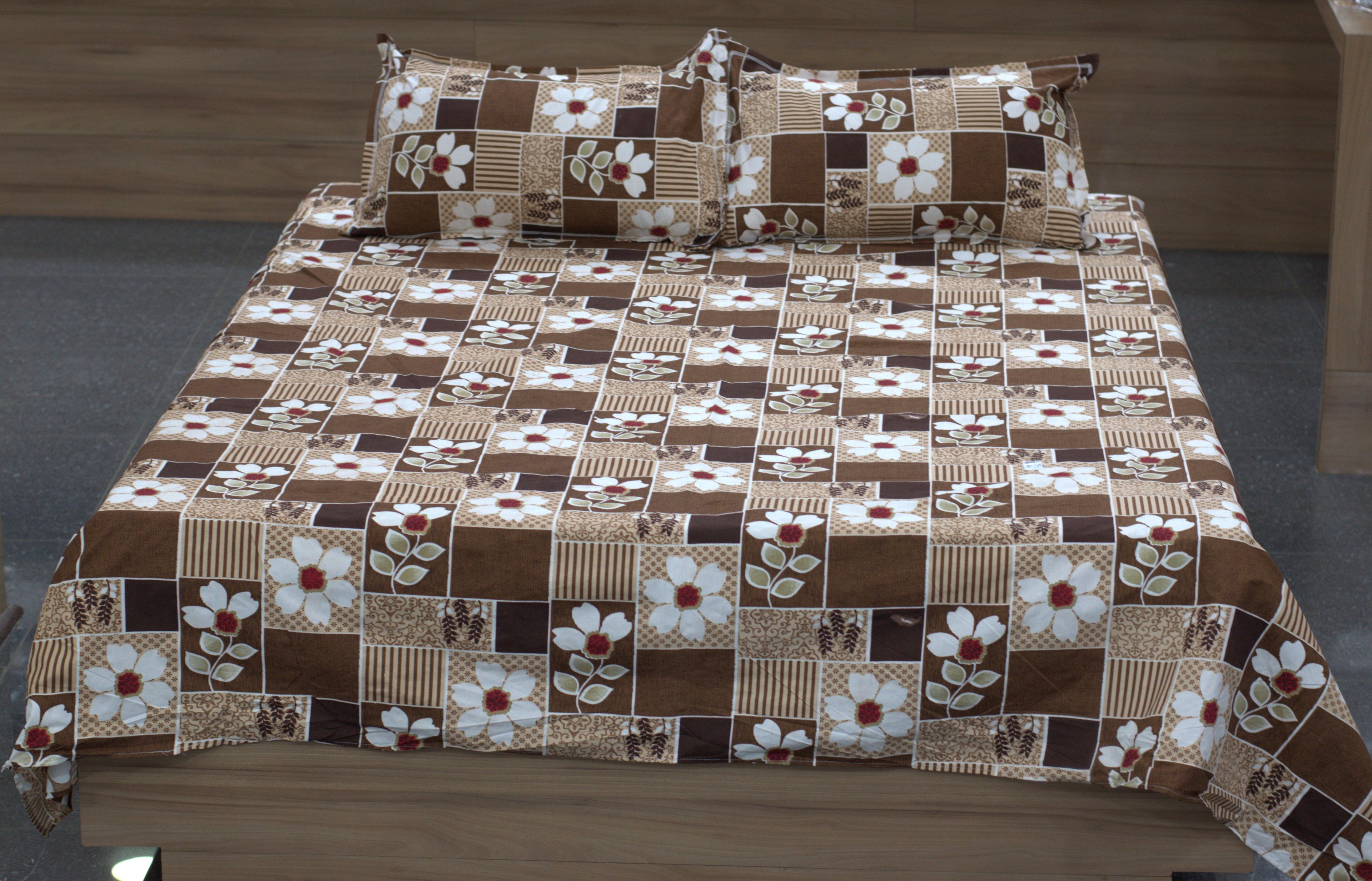 Soft Feel Blend Bedsheet 225x250 cm – Brown Floral Patchwork Design with Pillow Covers