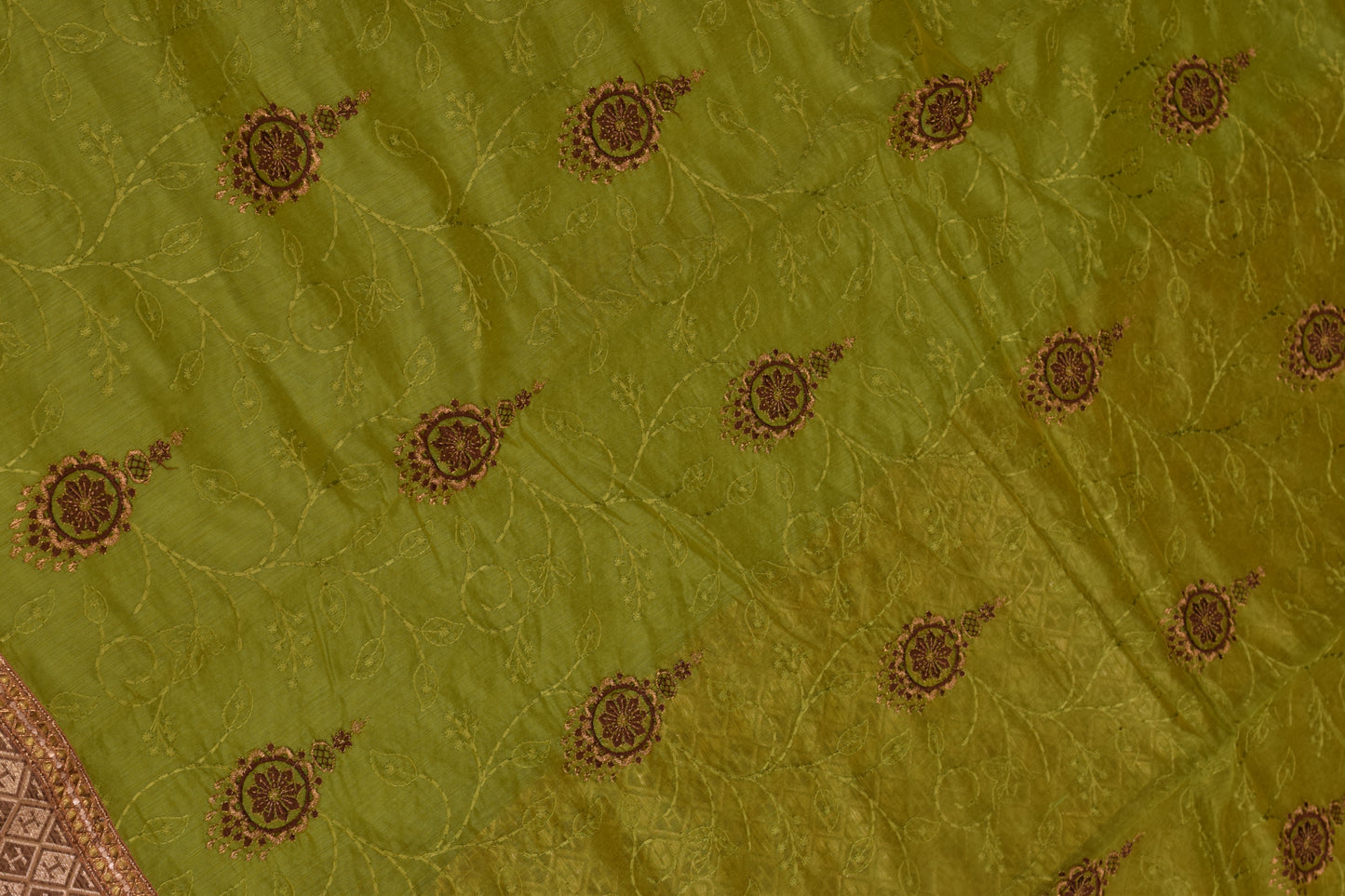 Elegant Lime Green Cotton Silk Saree with Golden Zari Border & Embroidery