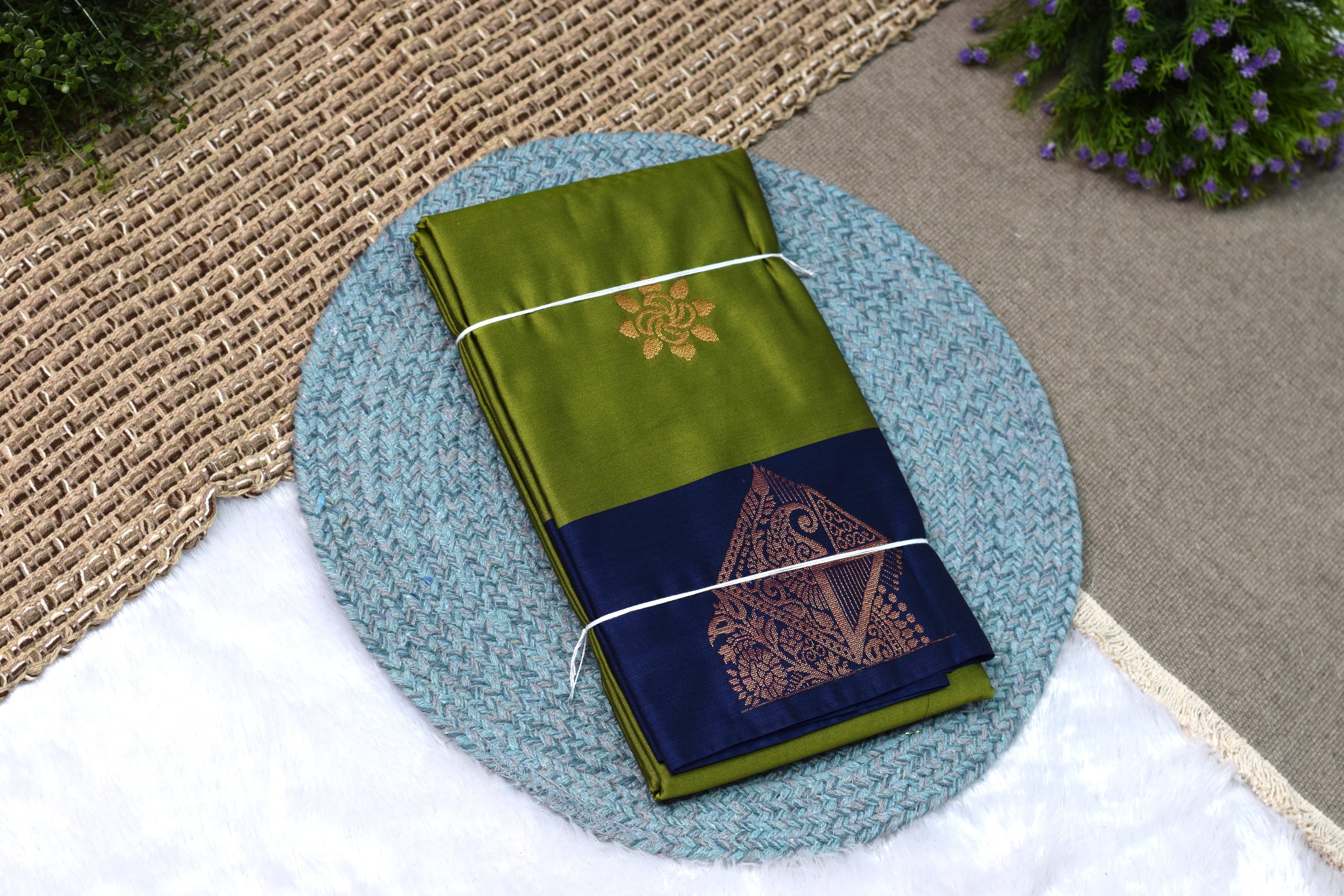 Elegant Olive Green & Navy Blue Semi Silk Saree with Traditional Zari Border