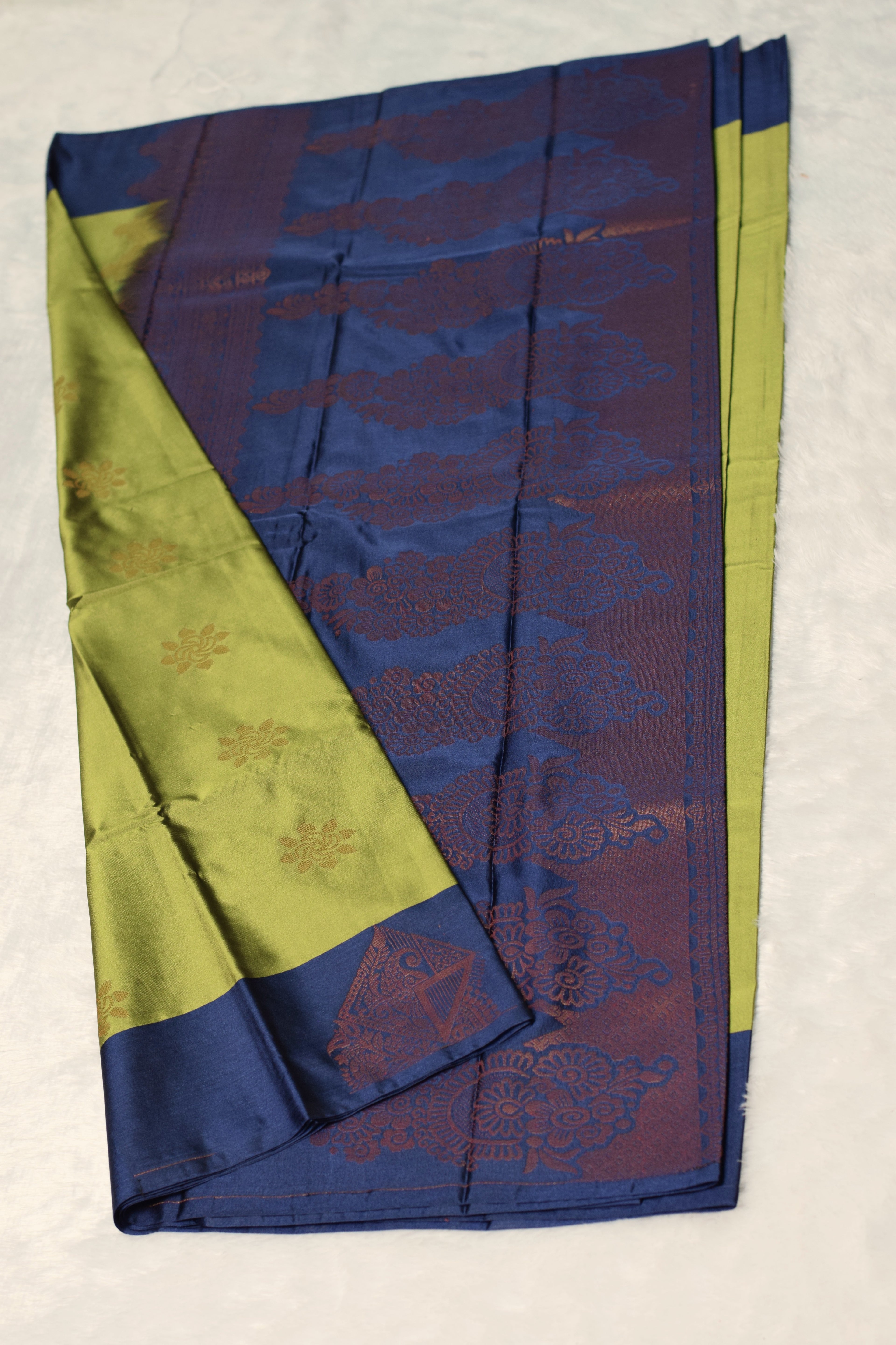 Elegant Olive Green & Navy Blue Semi Silk Saree with Traditional Zari Border