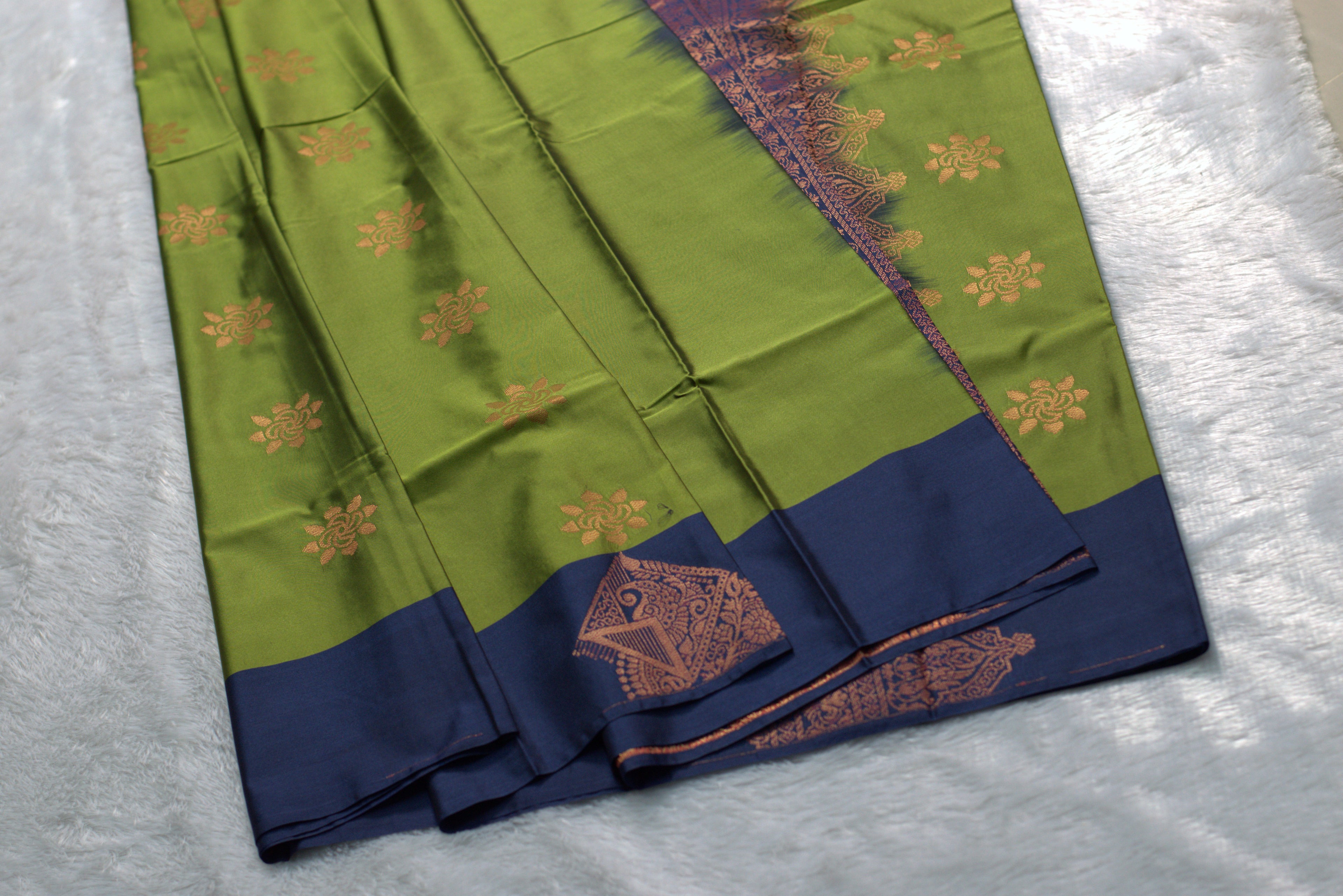 Elegant Olive Green & Navy Blue Semi Silk Saree with Traditional Zari Border