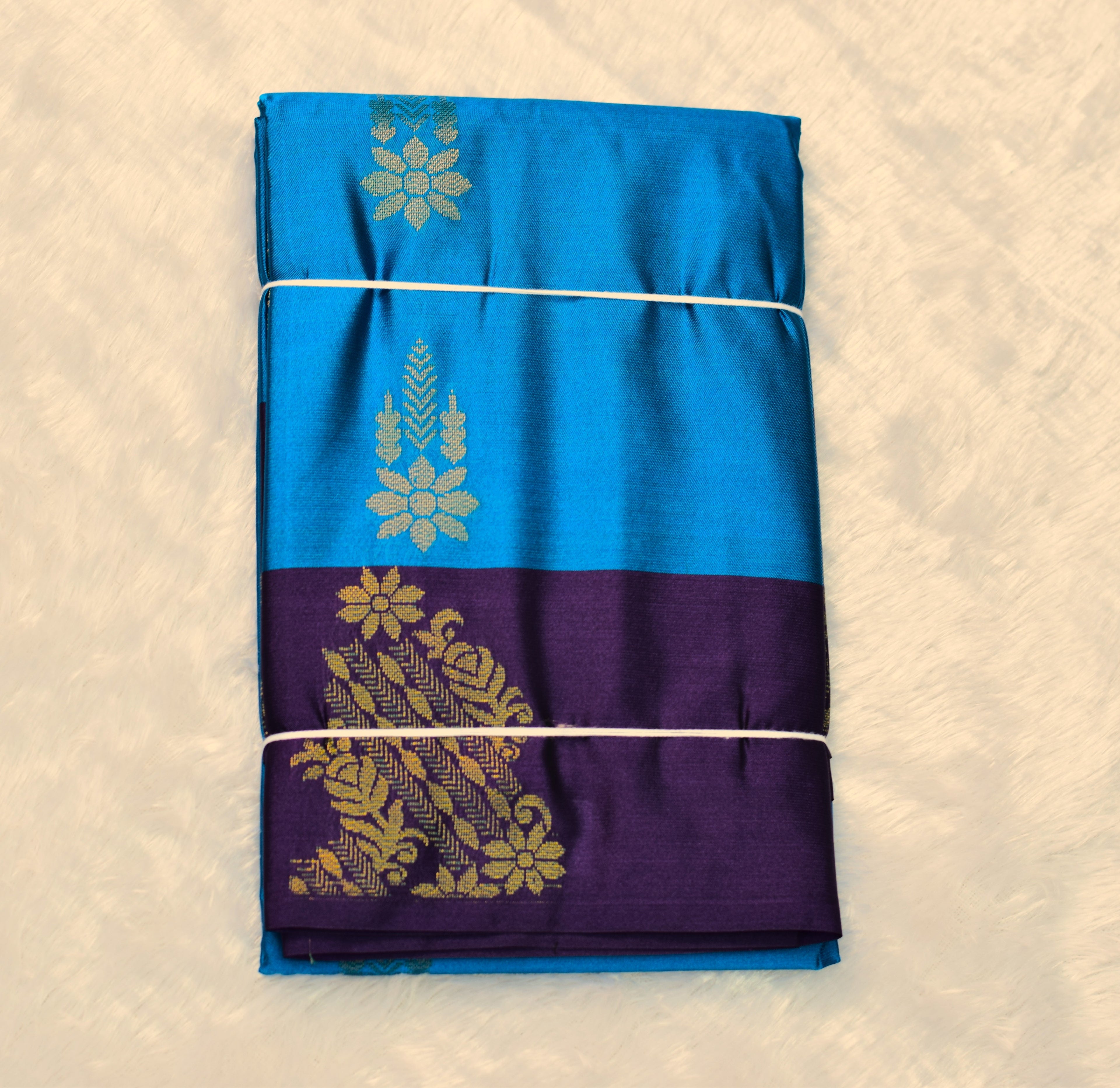 Royal Blue & Purple Semi Silk Saree with Gold Zari Border