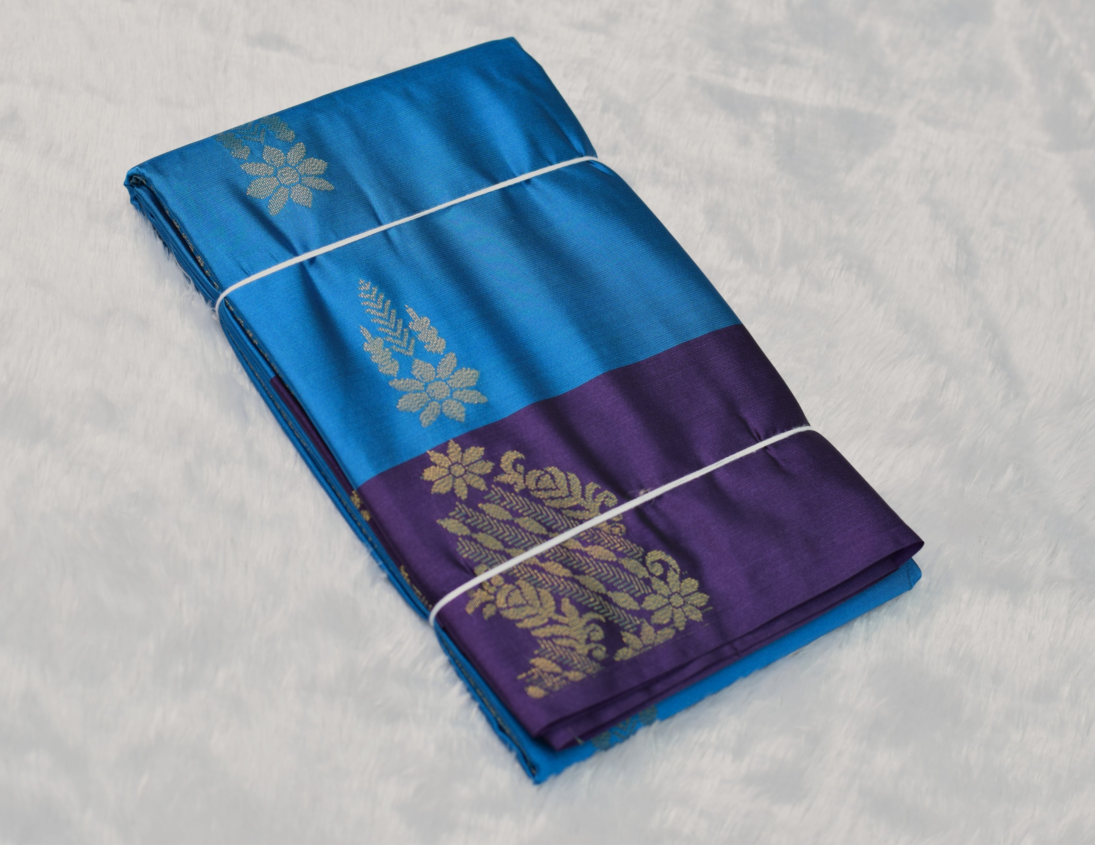 Royal Blue & Purple Semi Silk Saree with Gold Zari Border
