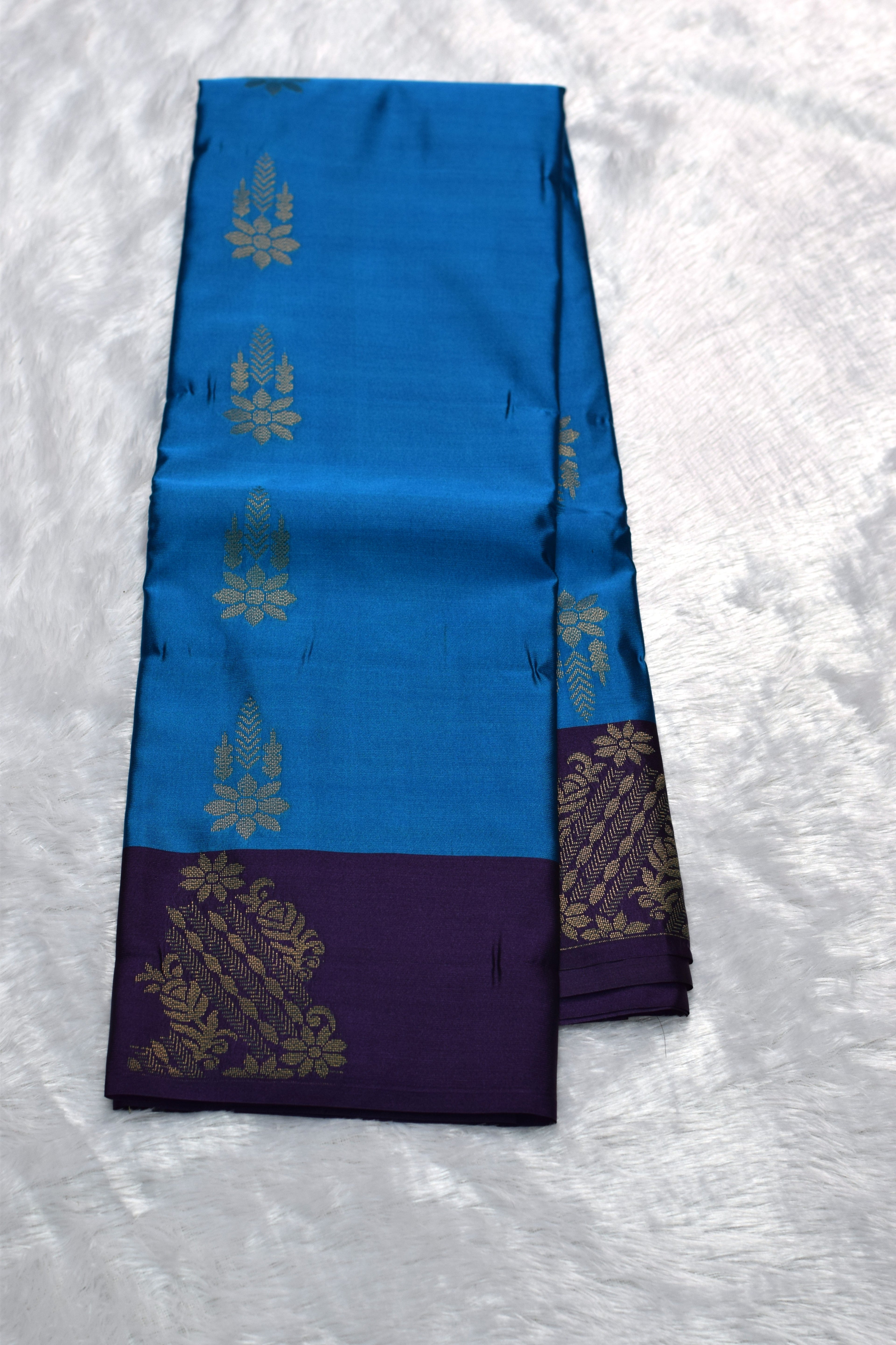 Royal Blue & Purple Semi Silk Saree with Gold Zari Border