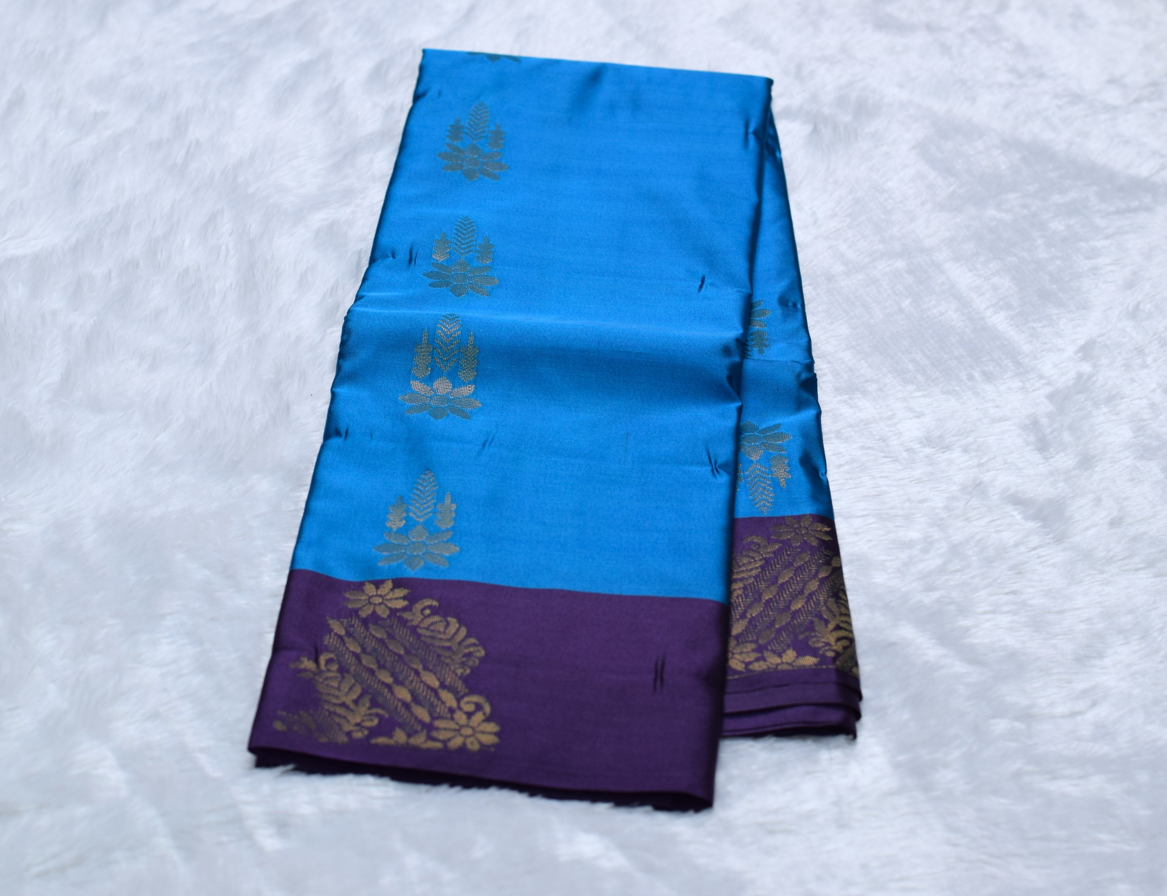 Royal Blue & Purple Semi Silk Saree with Gold Zari Border
