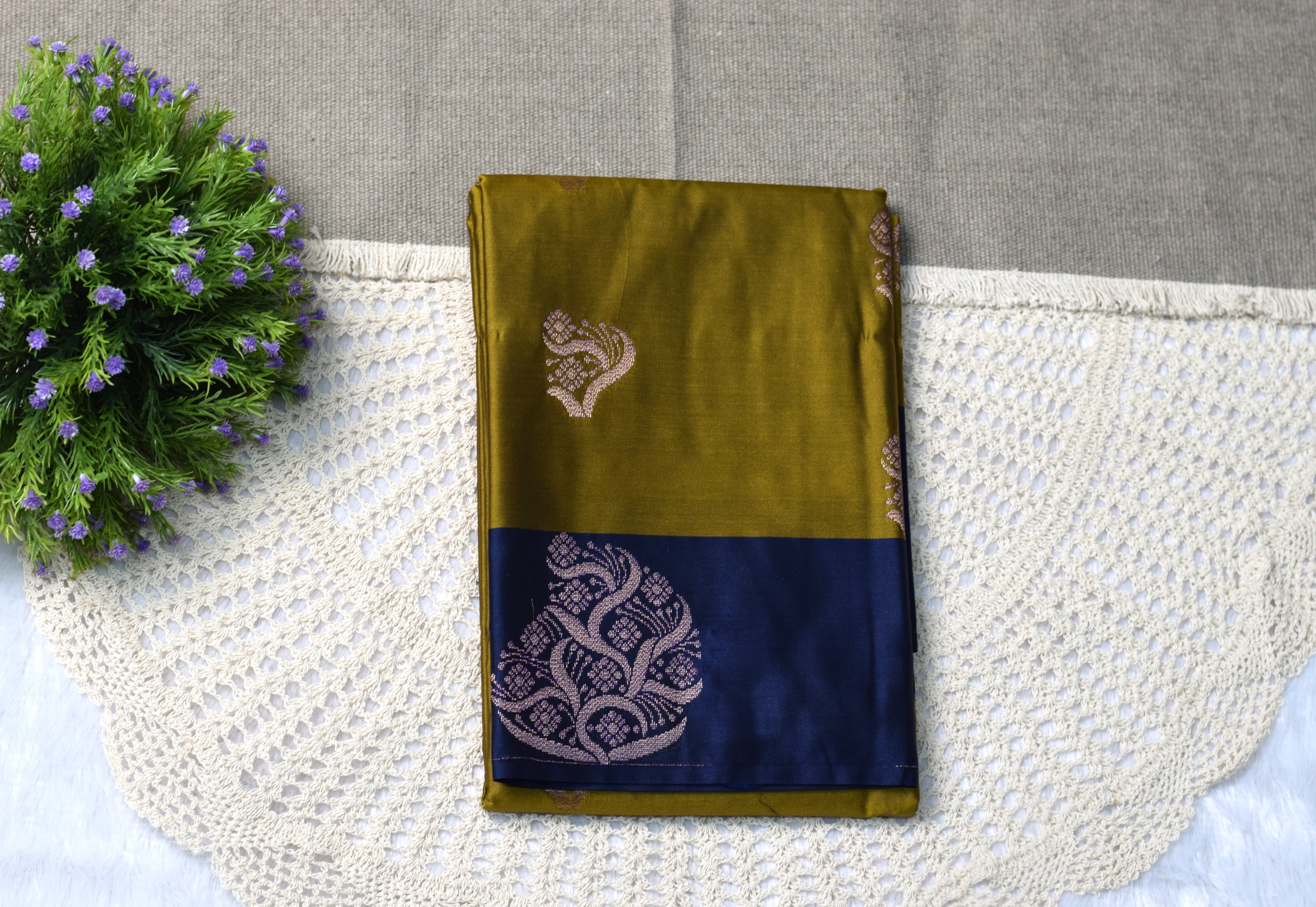 Mustard Olive & Navy Blue Semi Silk Saree with Woven Butta and Contrast Border
