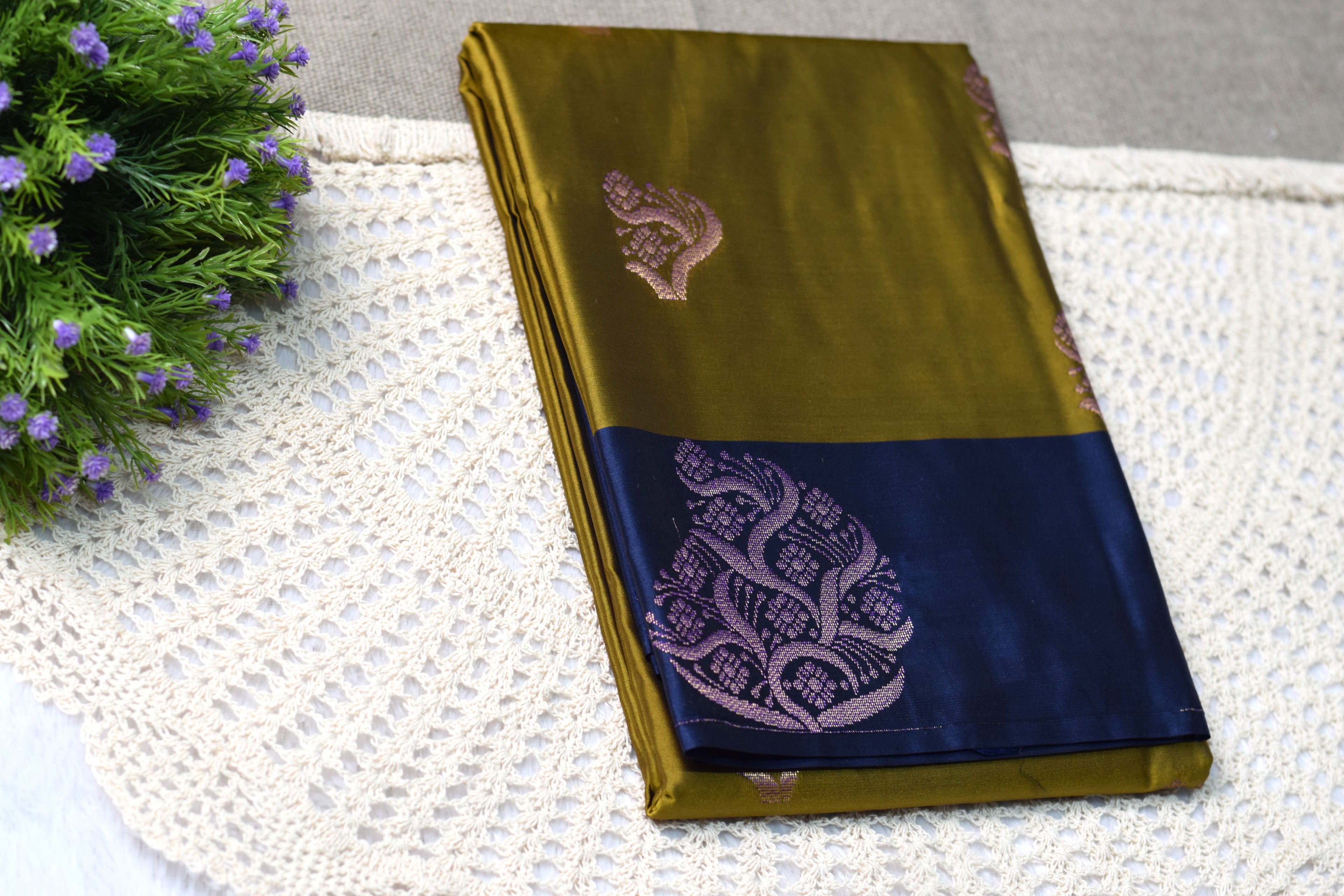 Mustard Olive & Navy Blue Semi Silk Saree with Woven Butta and Contrast Border