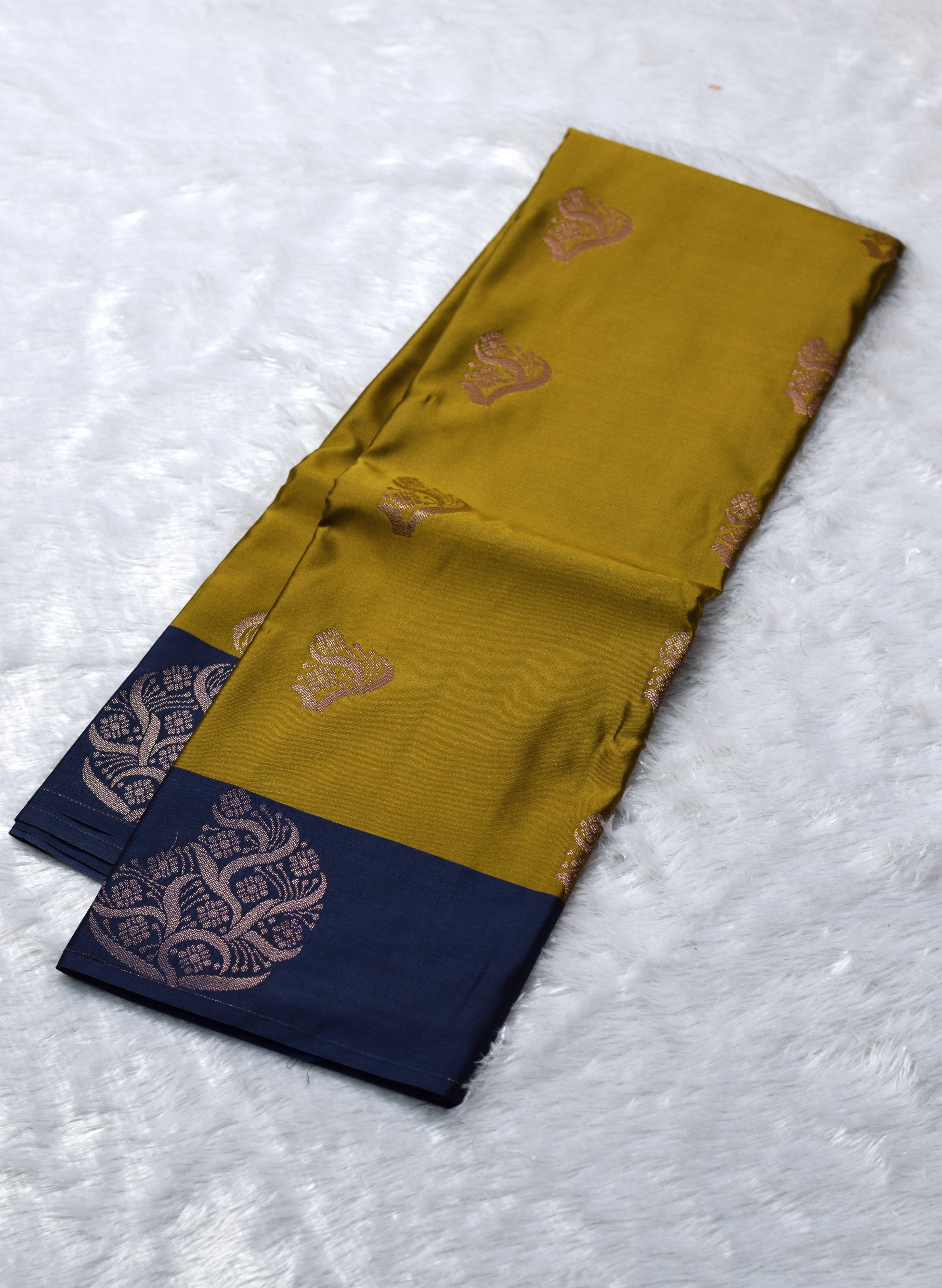 Mustard Olive & Navy Blue Semi Silk Saree with Woven Butta and Contrast Border