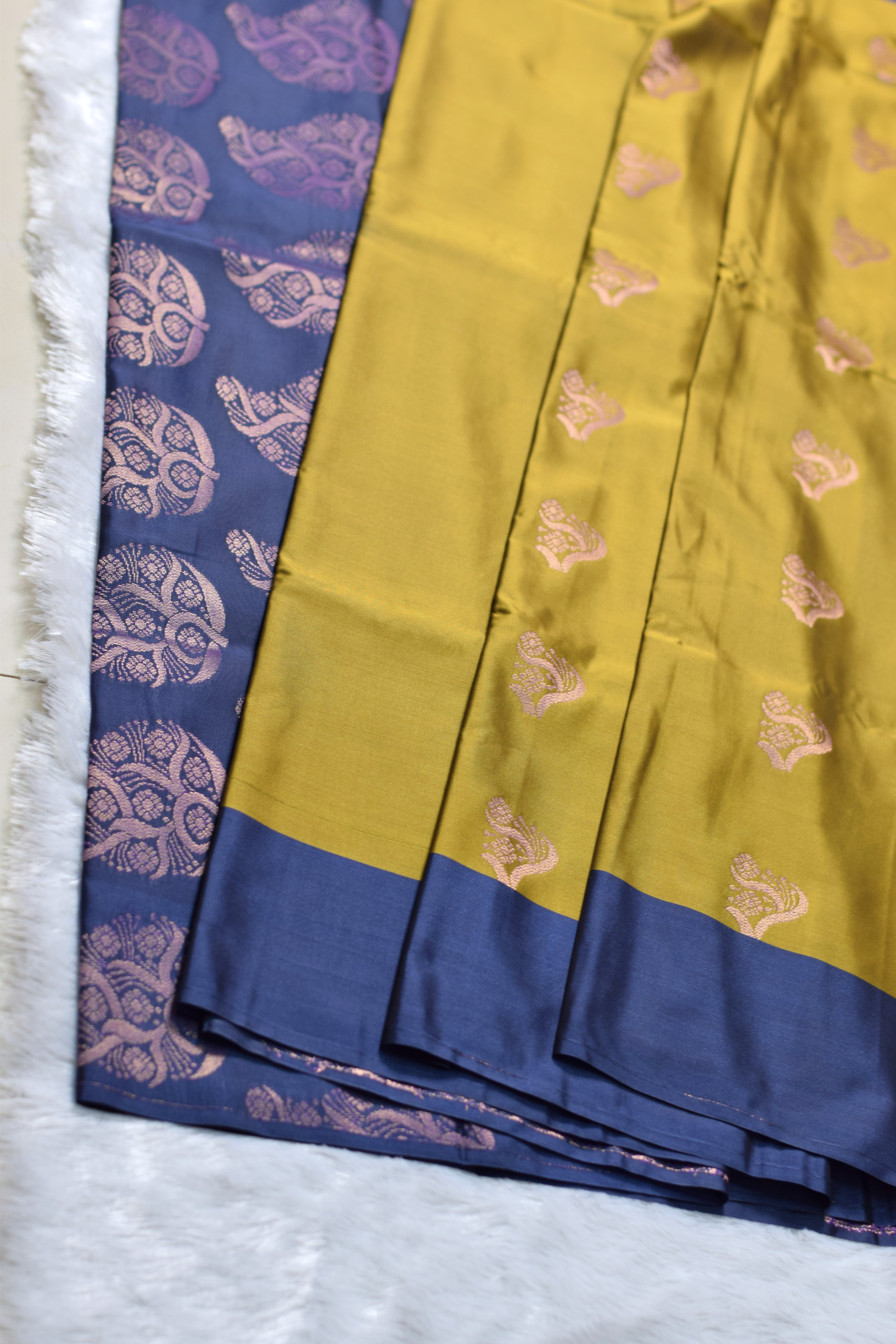 Mustard Olive & Navy Blue Semi Silk Saree with Woven Butta and Contrast Border